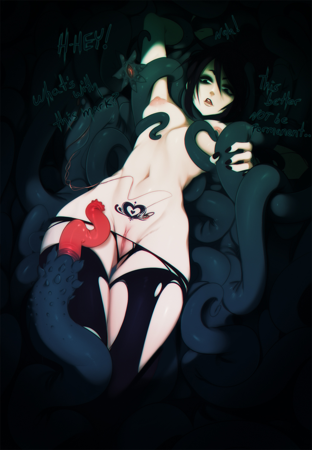 arm_up black_eyeshadow black_hair black_nails black_thighhighs english_text eyeshadow female highres host_(obj_shep) light_areolae lying makeup nipples non-web_source nude obj_shep on_back open_mouth original pubic_tattoo pussy restrained solo talking tattoo teeth tentacle tentacle_grab thighhighs tongue torn_clothes torn_thighhighs variant_set