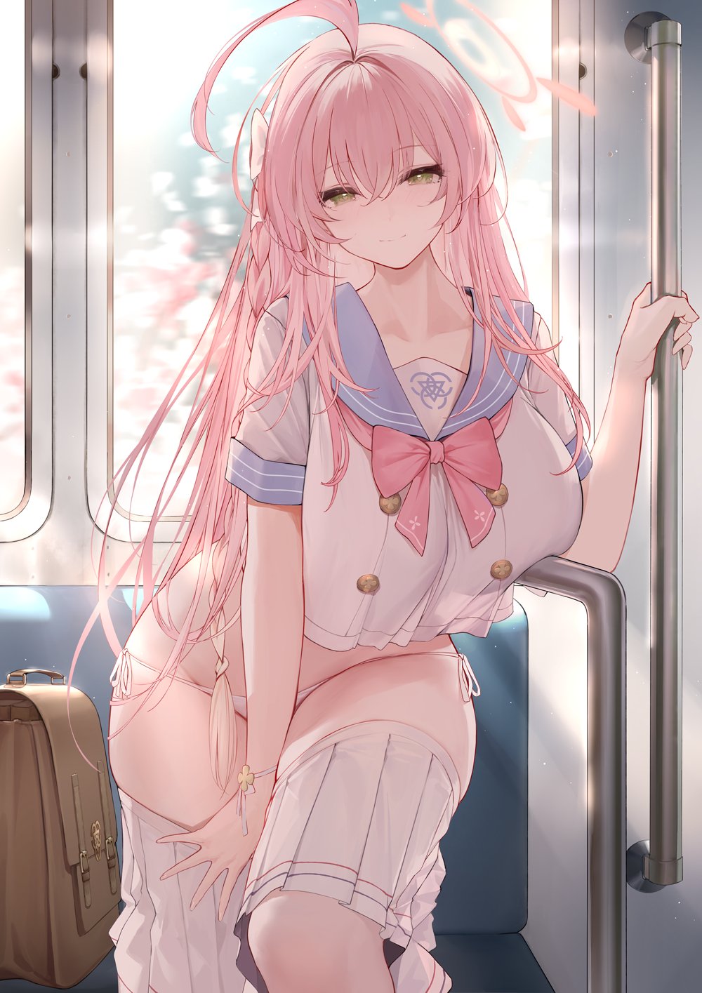 1girls, ahoge, artist request, big breasts, blue archive, breasts, female, green eyes, hanako (blue archive), highres, looking at viewer, make-up work club (blue archive), pink hair, school uniform, seductive, smile, trinity general school logo (blue archive), trinity general school student