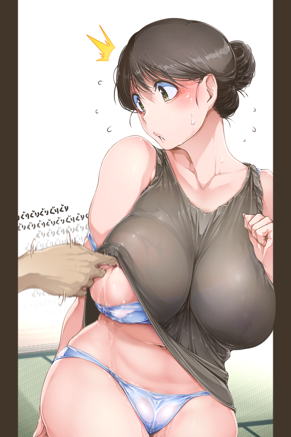 1boy aratama_(a-tama) bra breasts female female_focus huge_breasts lactation lingerie mature_female milf navel nipple_stimulation open_mouth original panties plump shirt_lift sweat voluptuous voluptuous_female wet wife