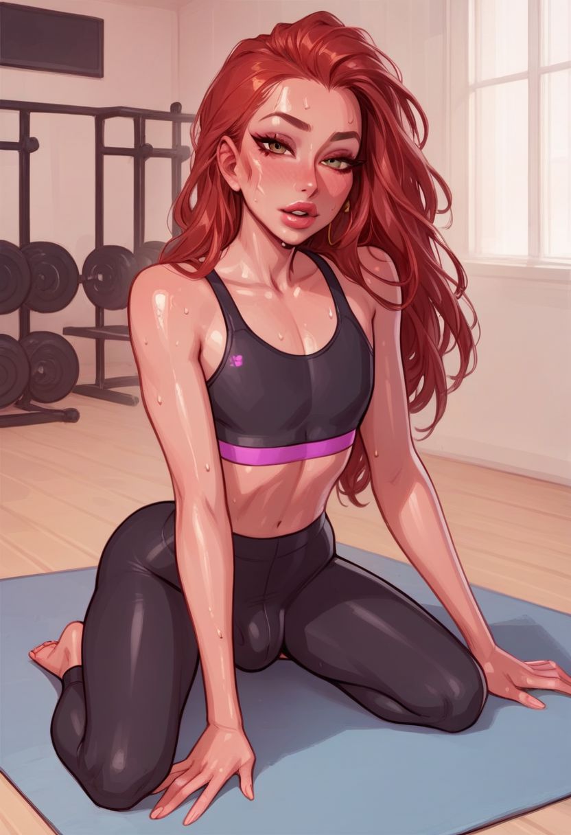 ai generated, bulge, bulge through clothing, femboy, gym, hazel eyes, male, male focus, male only, noredeemingvalue, red hair, sports bra, sweat, workout, workout clothes