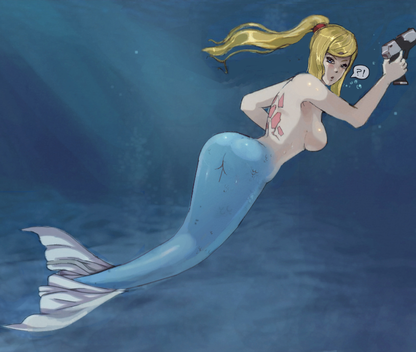 ass, blonde hair, blue eyes, breasts, female, fish girl, fish tail, gun, long hair, looking back, merfolk, mermaid, mermaid ass, mermaid girl, mermaid tail, metroid, monster girl, nintendo, photoshop, ponytail, samus aran, solo, tail, tattoo, tied hair, topless, transformation, underwater, weapon