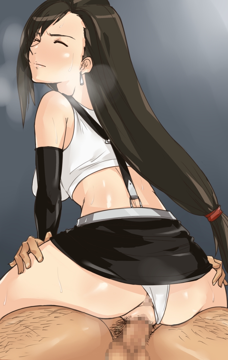 anus ass blush censored earrings female final_fantasy final_fantasy_vii gus_(clarkii) highres human jewelry male panties pussy red_eyes sex skirt smooth_skin straight sweat tifa_lockhart underwear