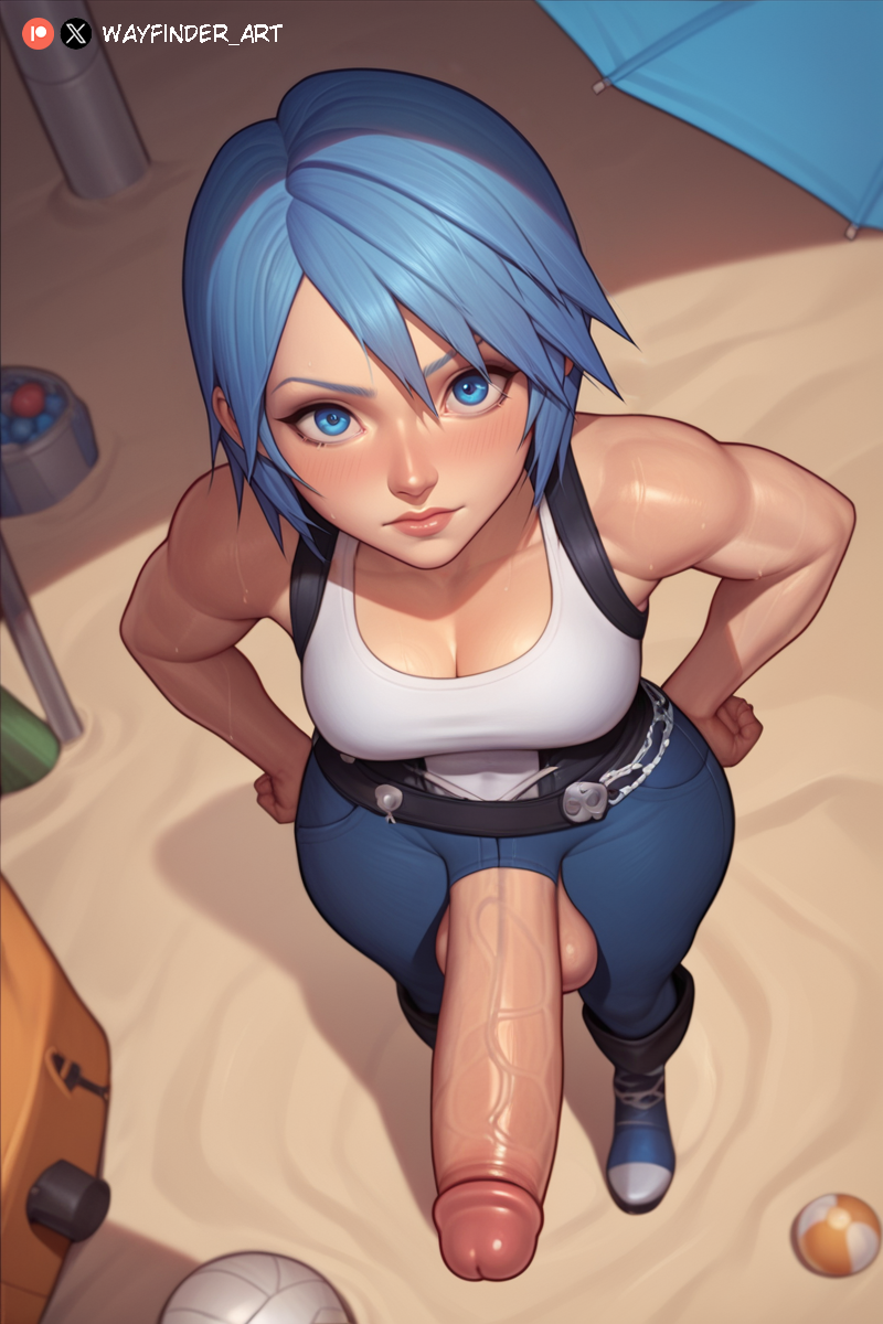 1futa ai_generated aqua_(kingdom_hearts) asura_(ai_style) blue_eyes blue_hair blue_haired_futa erect_penis erection futa_only futanari high-angle_view huge_cock kingdom_hearts pants sports_bra stable_diffusion view_from_above wayfinder_art