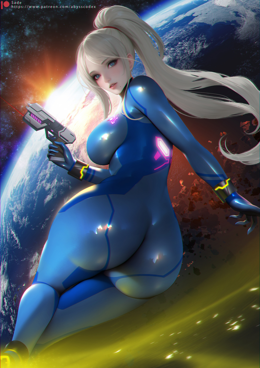 ass blonde_hair blue_bodysuit blue_eyes bodysuit breasts chinese_commentary commentary_request earth_(planet) female from_behind high_ponytail highres holding holding_weapon impossible_bodysuit impossible_clothes large_breasts lips long_hair looking_at_viewer metroid mole mole_under_mouth paralyzer parted_lips planet ponytail sade_abyss samus_aran shiny_clothes skin_tight space star_(sky) trigger_discipline weapon zero_suit zero_suit_samus