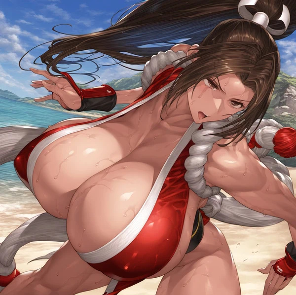 ai_generated athletic_female bare_legs bigger_female breasts_bigger_than_head brown_eyes brunette_hair fatal_fury gigantic_breasts huge_breasts king_of_fighters kunoichi large_breasts mai_shiranui massive_breasts plusmolfa ponytail snk squatting thick_female thick_thighs thighs