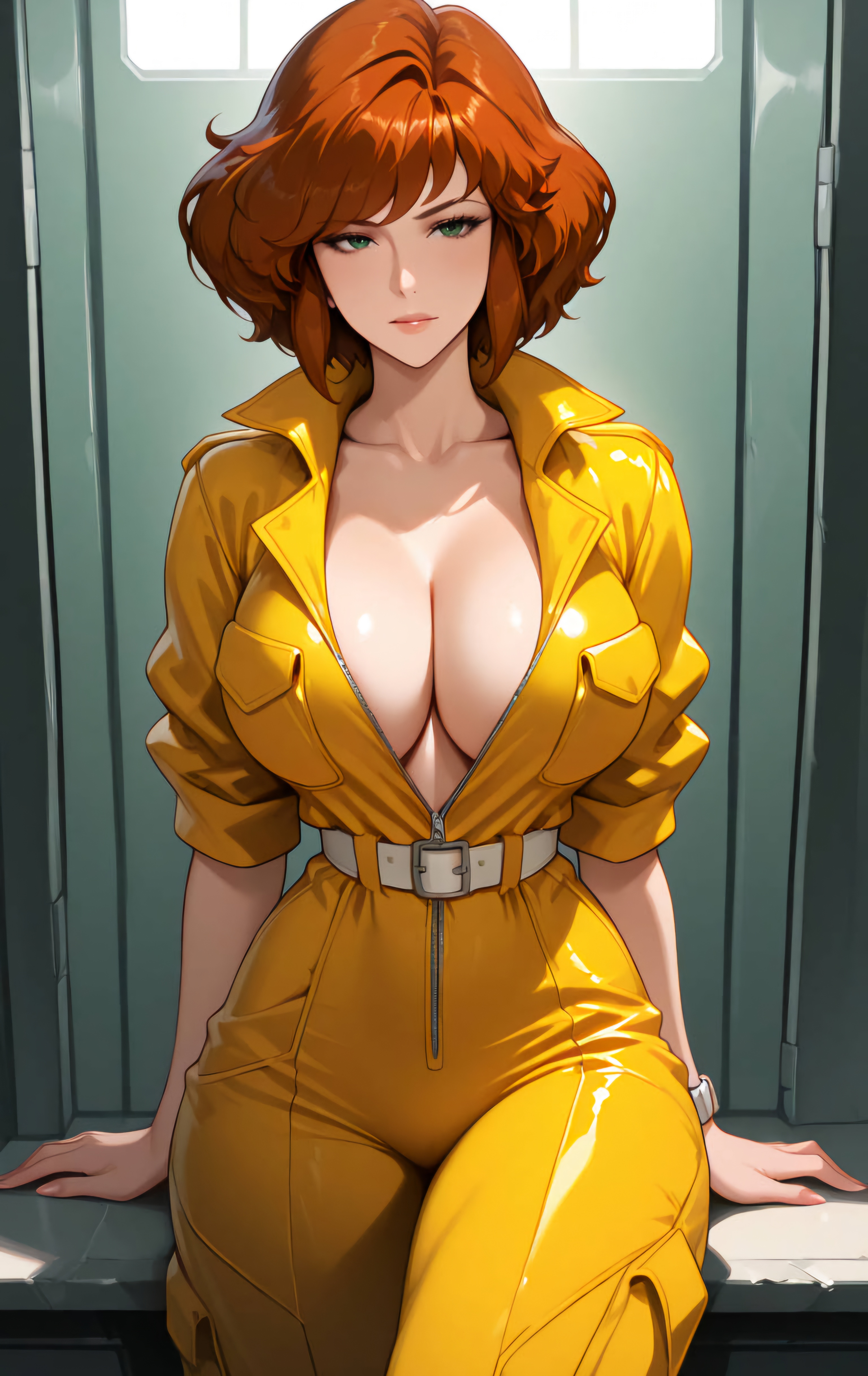 ai generated, alternate breast size, april o'neil, april o'neil (tmnt 1987), big breasts, breasts, cleavage, eepol, female, large breasts, tagme, teenage mutant ninja turtles, yellow jumpsuit