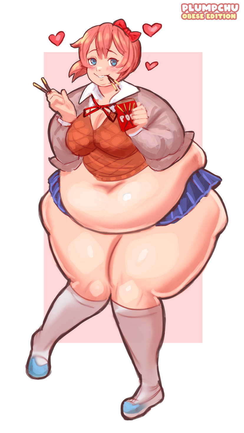 1girls artist_name blush color doki_doki_literature_club fat hearts_around_head huge_thighs looking_at_viewer morbidly_obese overweight plumpchu pocky pocky_in_mouth sayori_(doki_doki_literature_club) tagme thick_thighs