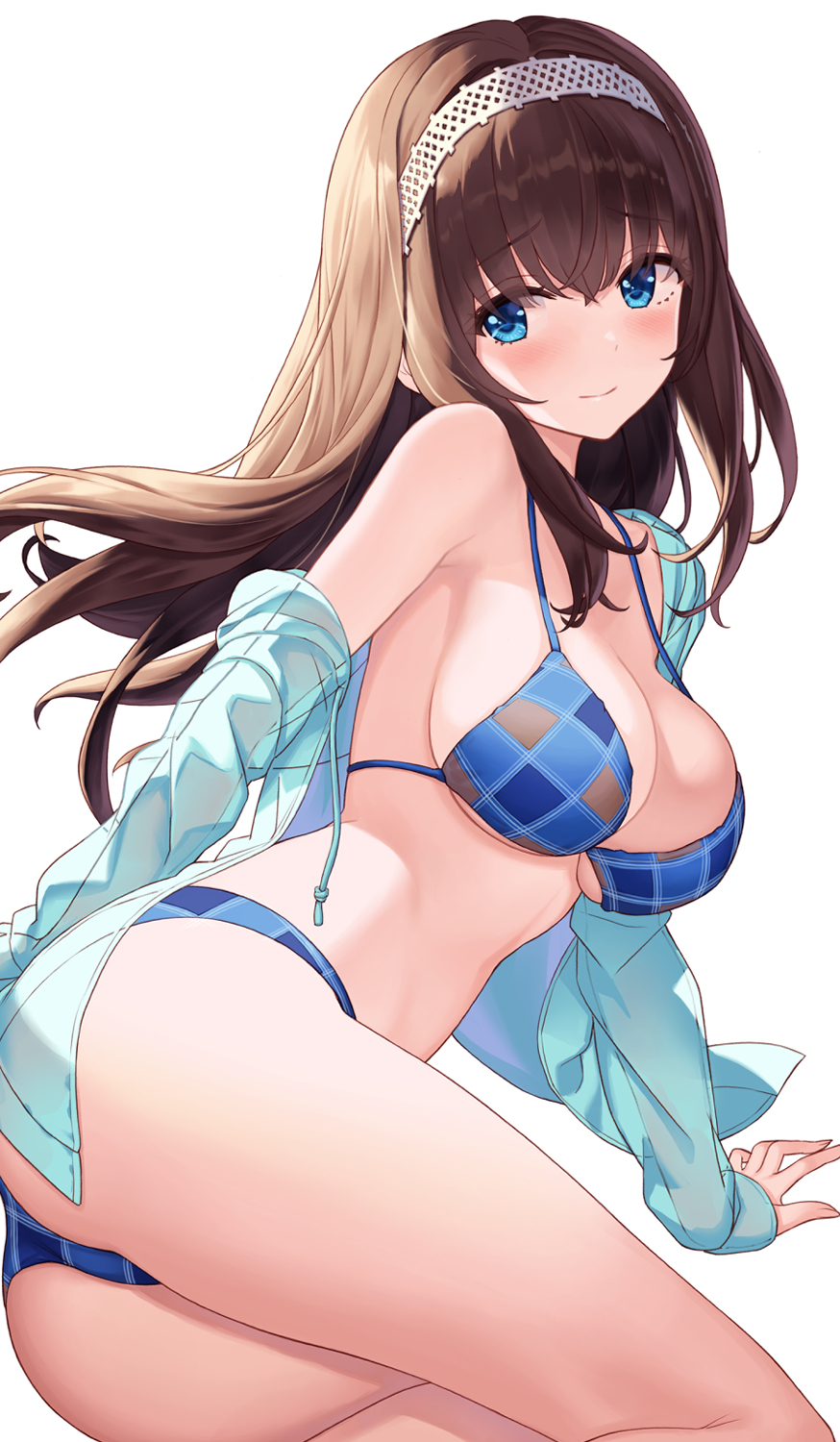 ass bare_shoulders bikini blue_eyes blue_jacket blush breasts brown_hair checkered_bikini checkered_clothes cleavage female hair_between_eyes hairband hamahama highres idolmaster idolmaster_cinderella_girls jacket large_breasts long_hair sagisawa_fumika sideboob smile solo swimsuit thighs