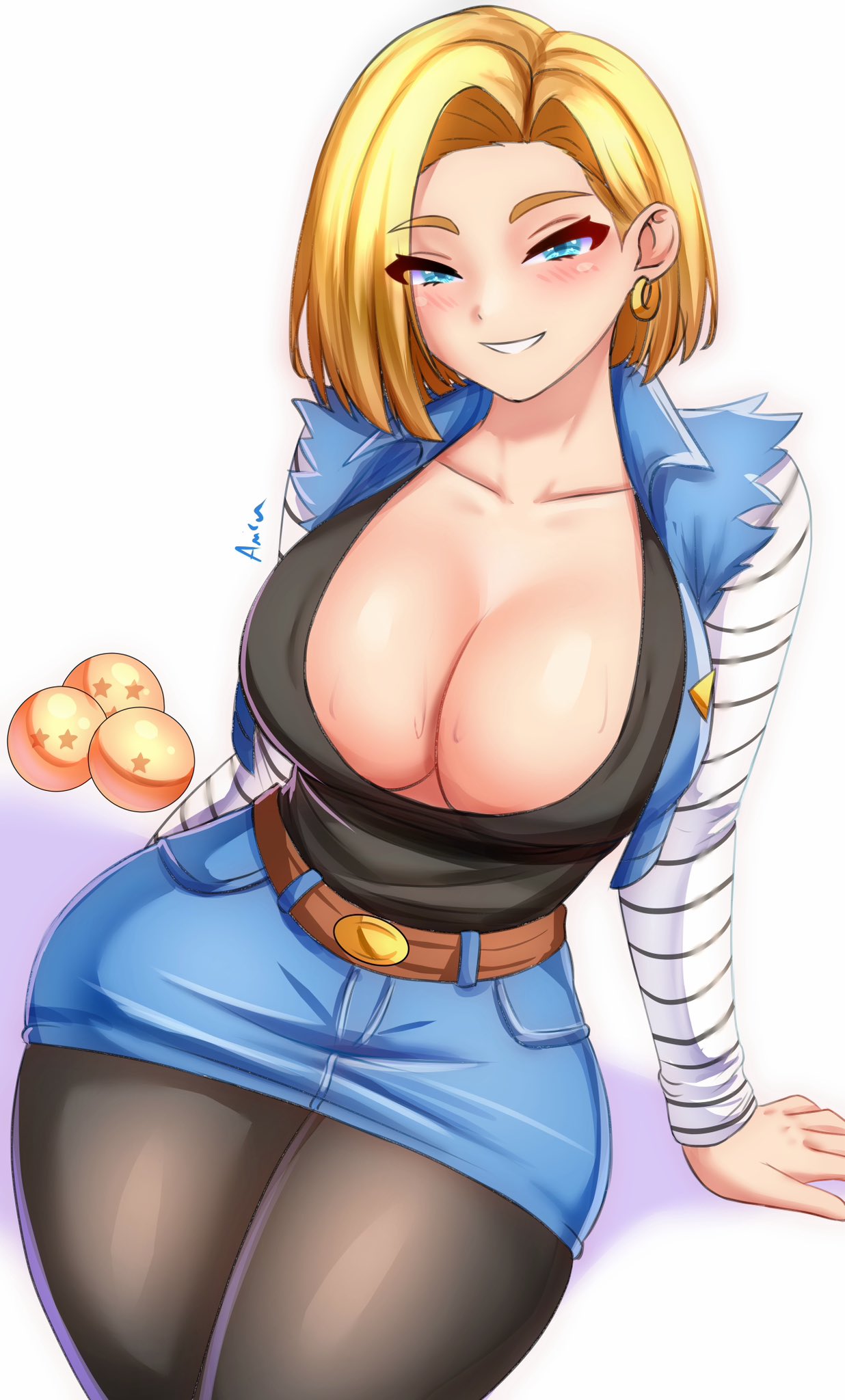 1girls android_18 anisdrawn blonde_hair breasts cleavage dragon_ball dragon_ball_z female huge_breasts light-skinned_female light_skin looking_at_viewer naughty_face short_hair thick_thighs wide_hips