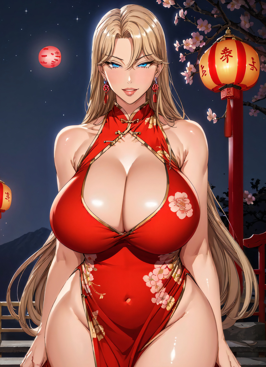 ai_generated bare_legs blonde_hair blue_eyes china_dress chinese_clothes huge_breasts kurashiki_reika light-skinned_female light_skin long_hair massive_breasts saimin_seishidou shiromi_ai thick_thighs thighs voluptuous voluptuous_female