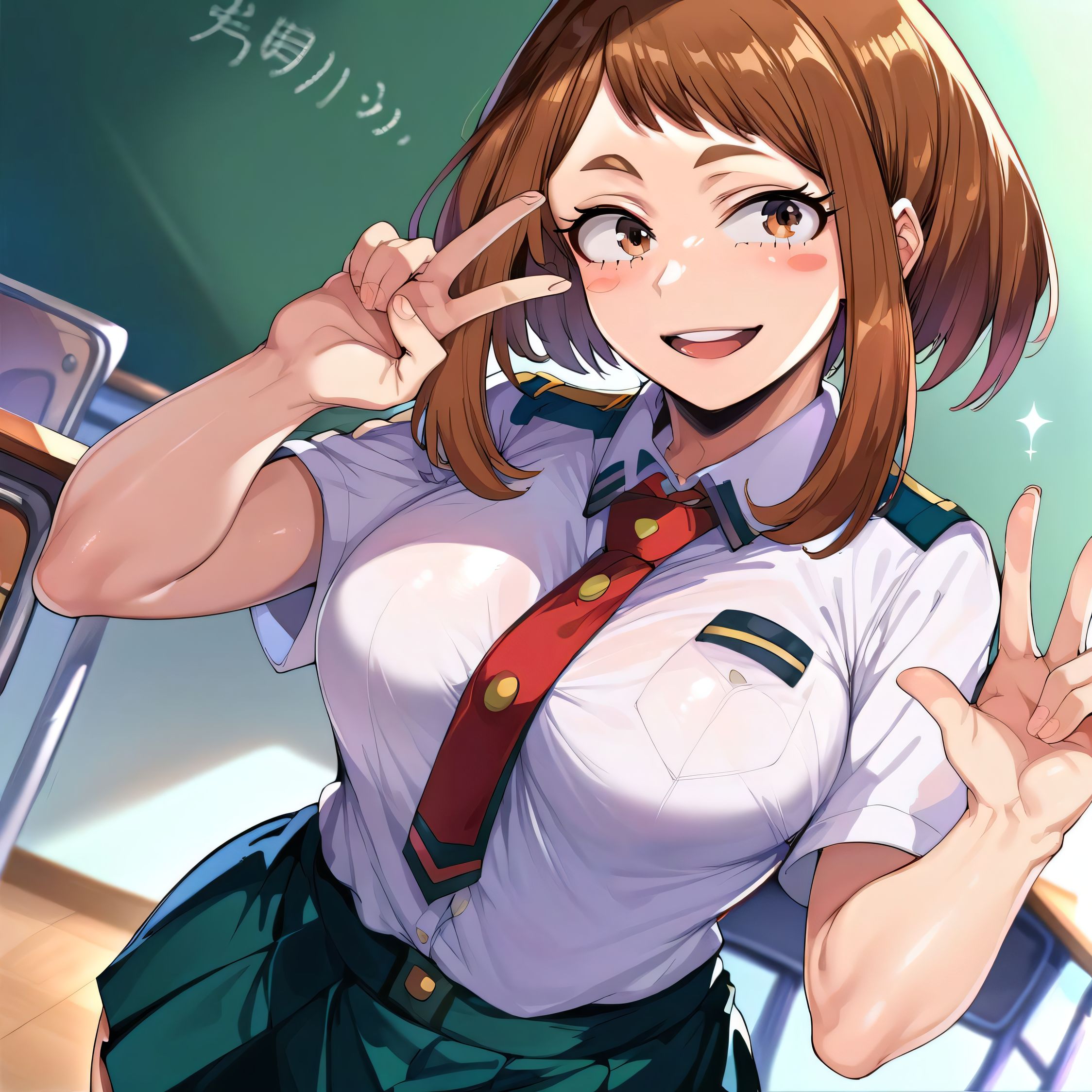 1girls, ai generated, alternate breast size, big breasts, breasts, busty, curvaceous, curvy, curvy body, curvy female, curvy figure, double v, female, huge breasts, large breasts, my hero academia, nipples, ochako uraraka, peace sign, school uniform, skirt, solo, sweat, sweating, sweaty, sweaty body, sweaty breasts, thick thighs, thighs, v