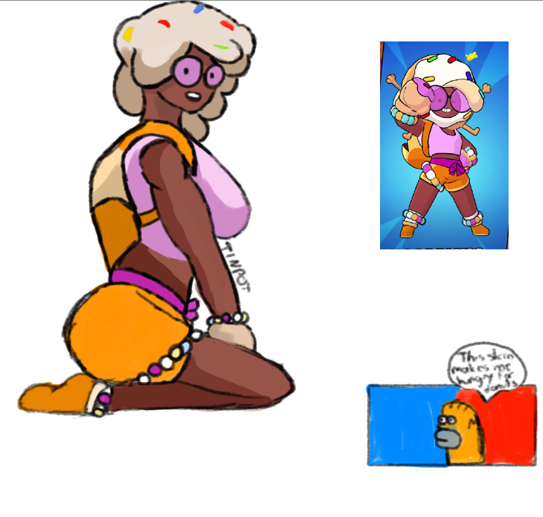 1girls ass dark_skin fully_clothed homer_simpson huge_breasts rosa_(brawl_stars) side_view sitting sugarplum_rosa_(brawl_stars)