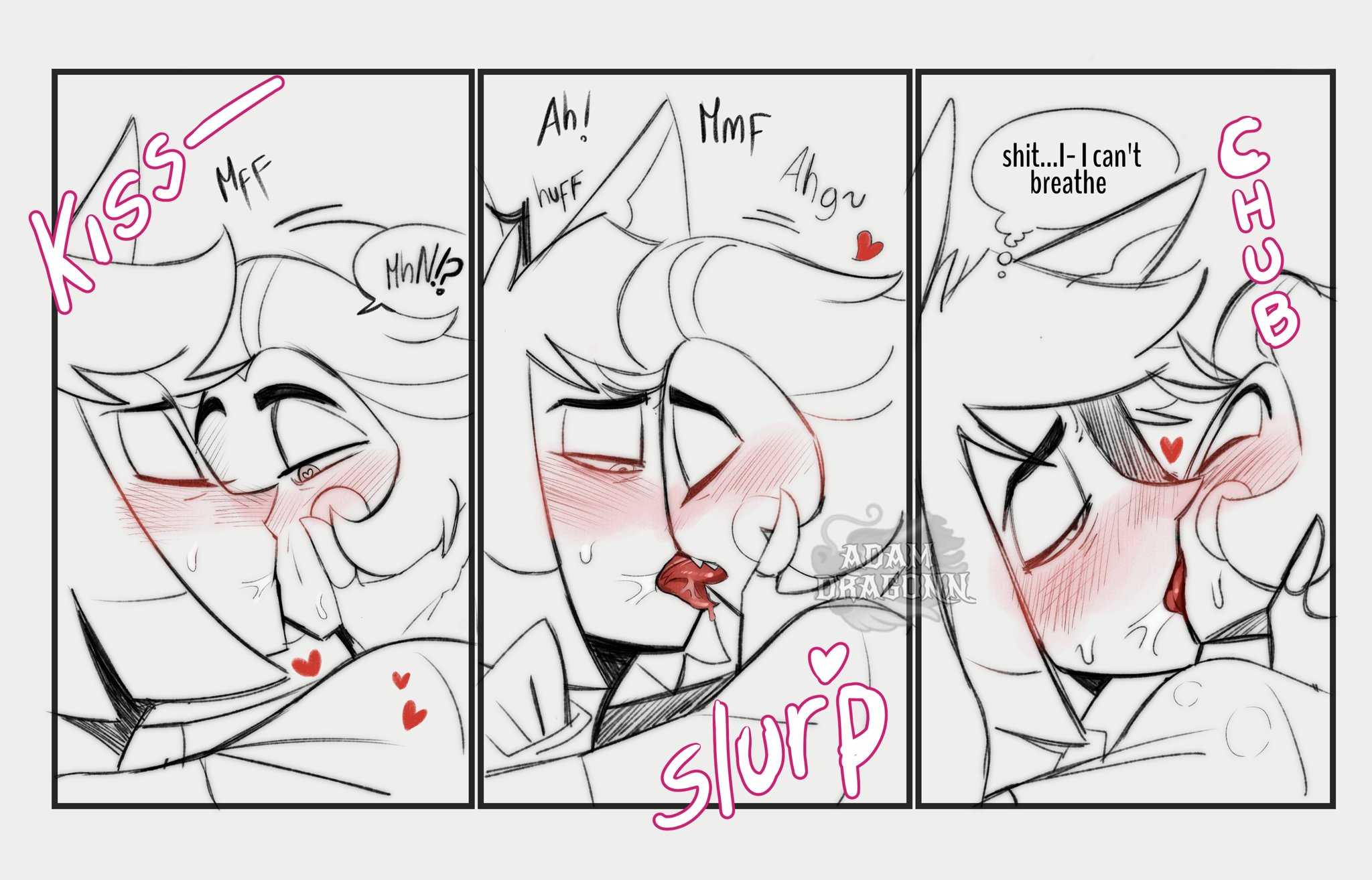 2boys, adam dragonn, alastor (hazbin hotel), english, english text, gay, hazbin hotel, heart-shaped pupils, kissing, lucifer morningstar (hazbin hotel), making out, male, male only, monochrome, multiple boys, multiple males, spot color, tagme, text, vivienne medrano, yaoi