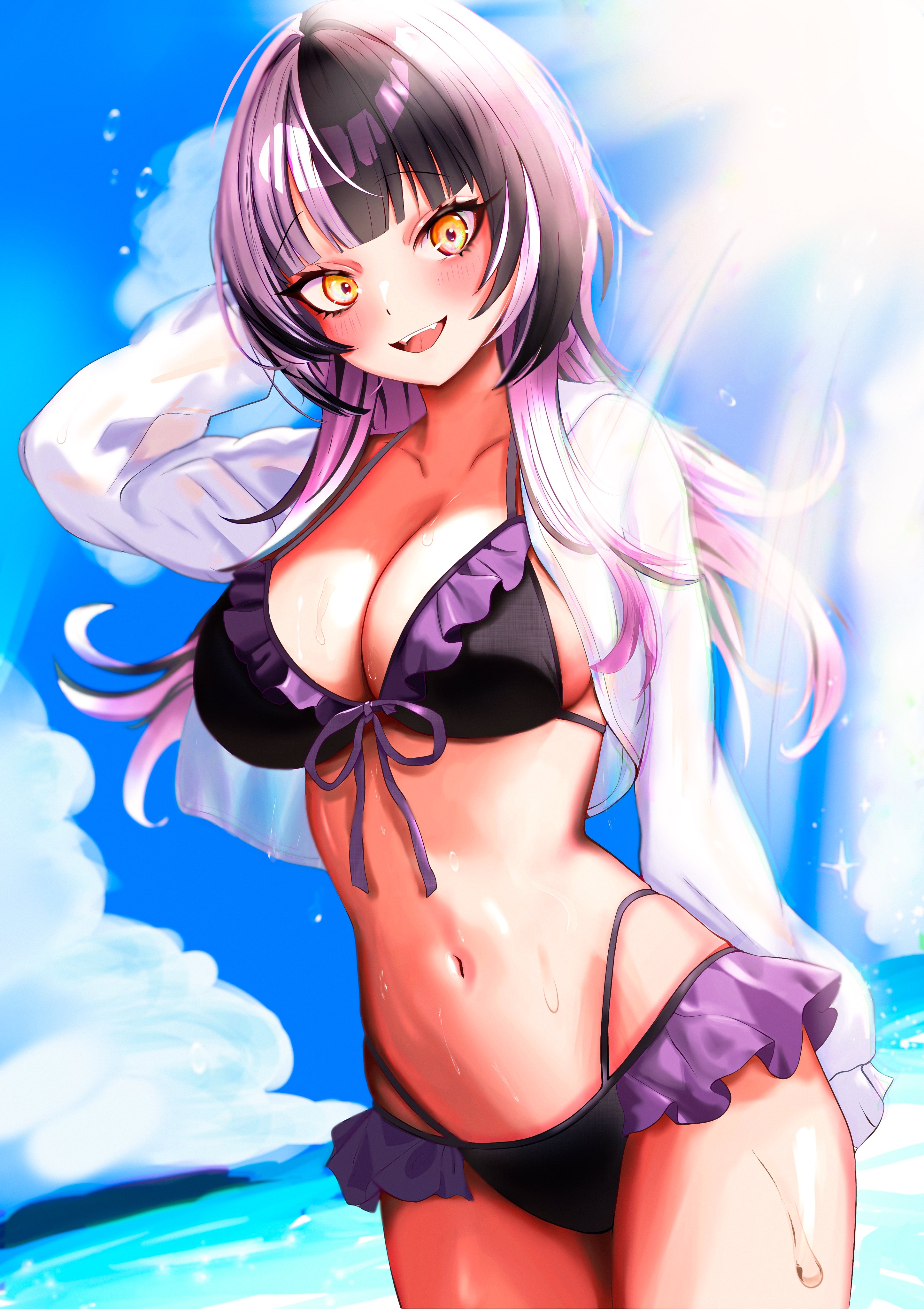 1girls, arm behind back, belly button, big breasts, bikini, black bikini, black hair, blush, breasts, cleavage, clouds, day, female, female focus, female only, front view, highres, hololive, hololive english, hololive english -advent-, long hair, looking at viewer, ocean, open jacket, open mouth, shiori novella, sky, smiling, smiling at viewer, solo, solo female, standing, summer, sun, sunlight, swimsuit, thong, thong bikini, two piece swimsuit, two-tone hair, virtual youtuber, vtuber, vtuberfanart, white hair, yellow eyes