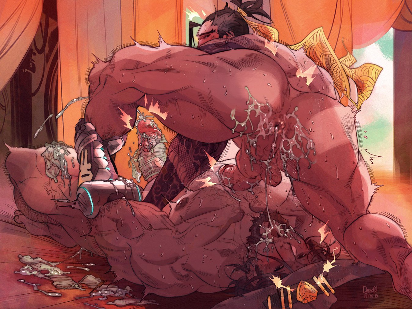 2019, 2boys, activision, ass, balls, bara, beard, big balls, big penis, blizzard entertainment, blush, brown hair, cole cassidy, completely nude, condom, cowboy hat, cum, cum drip, cum dripping from penis, cum in ass, cum in mouth, cum inside, dreadful alibi, erection, gay, genital fluids, hanzo, hanzo shimada, male, male nipples, male only, male/male, muscular, muscular male, nipples, nude, nude male, orgasm, overwatch, overwatch 2, penis, yaoi