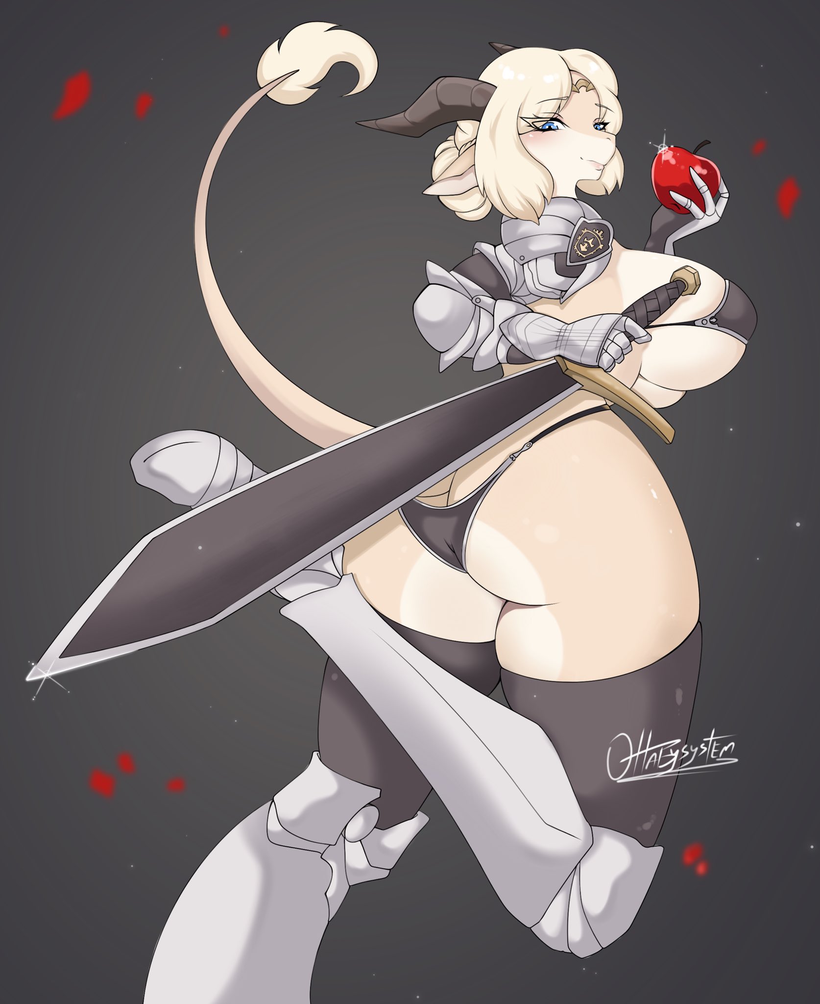 1girls, anthro, apple, armor, armored boots, artist name, ass, bent leg, big breasts, blonde hair, breasts, celinia (cervina7), dragon, female, female dragon, female only, grey background, hi res, horns, looking at viewer, looking back, looking back at viewer, ottabysystem, panties, pointy ears, skimpy, skimpy armor, solo, standing on one leg, sword, tail, tail tuft, thick ass, thick thighs, tied hair, wingless dragon
