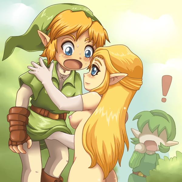 1boy, 2girls, blonde hair, blue eyes, caught, character in background, chibi, clothing, elbow gloves, female, gloves, green hair, hairband, handjob, kokiri, link, link (ocarina of time), long hair, male, multiple females, multiple girls, nintendo, ocarina of time, pointy ears, princess zelda, saria, short hair, surprised, the legend of zelda, zauharant, zelda (ocarina of time)