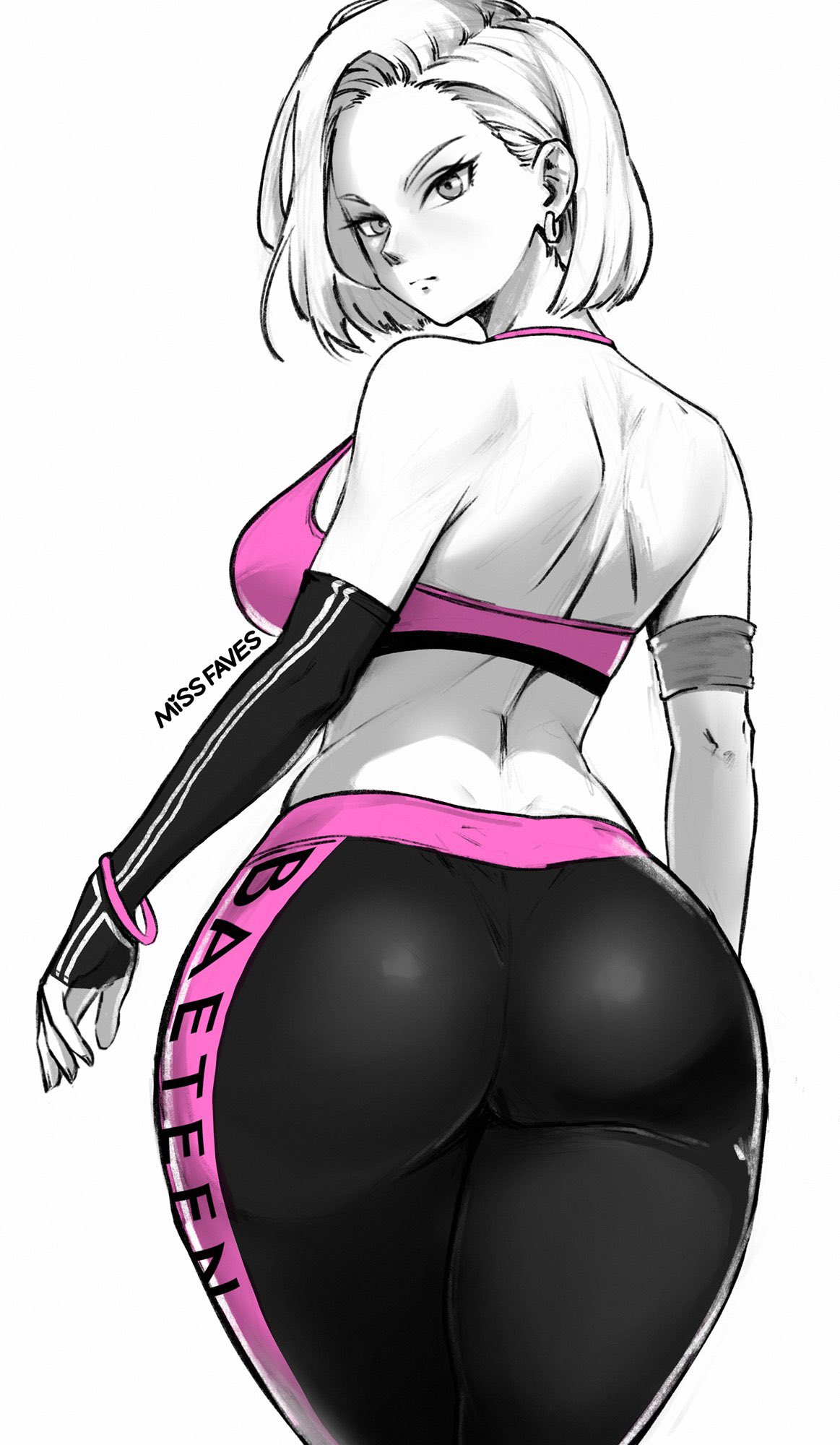 1girls, android 18, armband, artist name, ass, ass focus, back view, bracelet, commission, curvy, dragon ball, dragon ball z, earrings, female, missfaves, short hair, short-haired female, sportswear, thighs, tight clothing