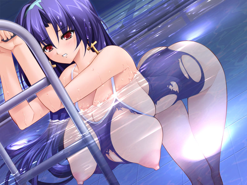 1girls accidental_exposure areolae ass bent_over blush breasts cross curvy earrings erect_nipples female female_only game_cg gunner-l hanging_breasts huge_breasts ineffective_clothing ladder large_ass long_hair nipples partially_submerged pool purple_hair red_eyes sawara_miho swimsuit torn_clothes tsuri_baka wardrobe_malfunction water