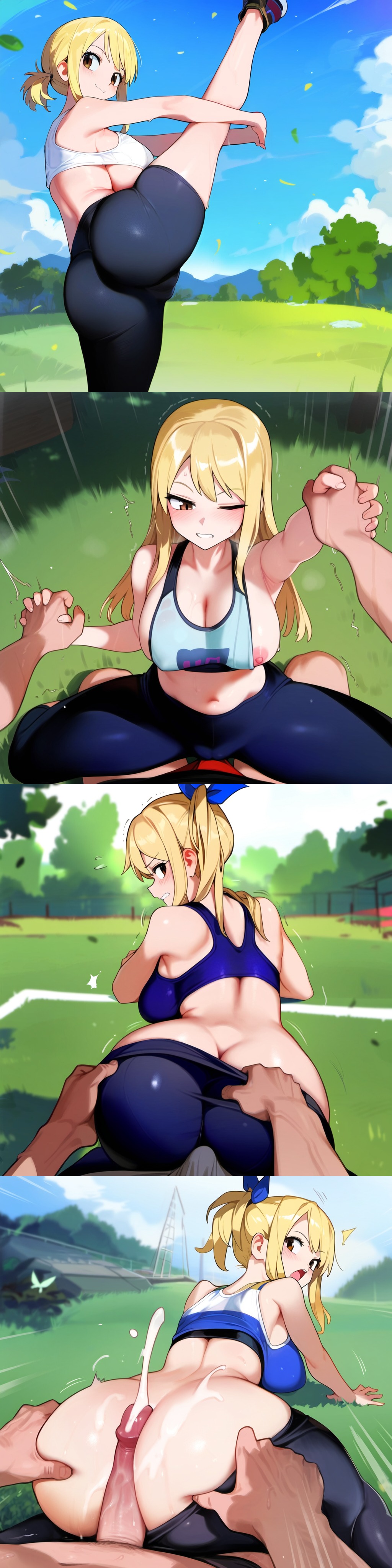 ai_generated ass_grab assisted_exposure assjob blush butt_crack buttjob collage cum cum_on_body embarrassed erection erection_under_clothes fairy_tail from_behind holding_hands huge_cock large_breasts lucy_heartfilia motion_lines nipple_slip novelai on_grass one_eye_closed outdoors pov self_upload somethingweird stretching surprised tagme thick_thighs wardrobe_malfunction yoga yoga_pants