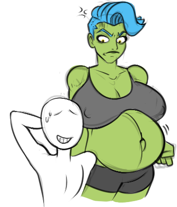 angry angry_face big_breasts blue_hair demeter_(destripando_la_historia) destripando_la_historia female flavorcream greek_mythology green_skin height_difference larger_female muscular muscular_female nipple_bulge pregnant pregnant_female size_difference smaller_male taller_girl