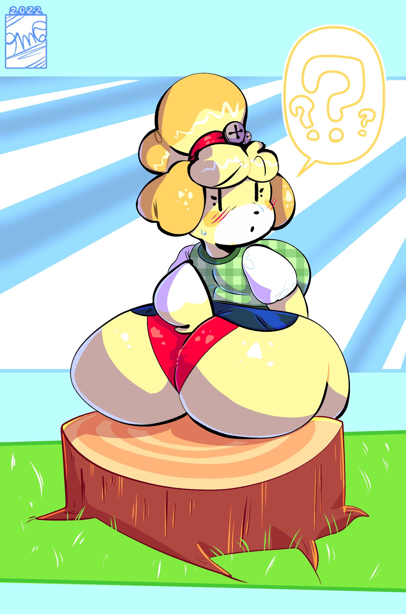 1girls ??? animal_crossing back_view big_ass blush female furry isabelle_(animal_crossing) log panties tagme text_bubble tmgthejust yiff