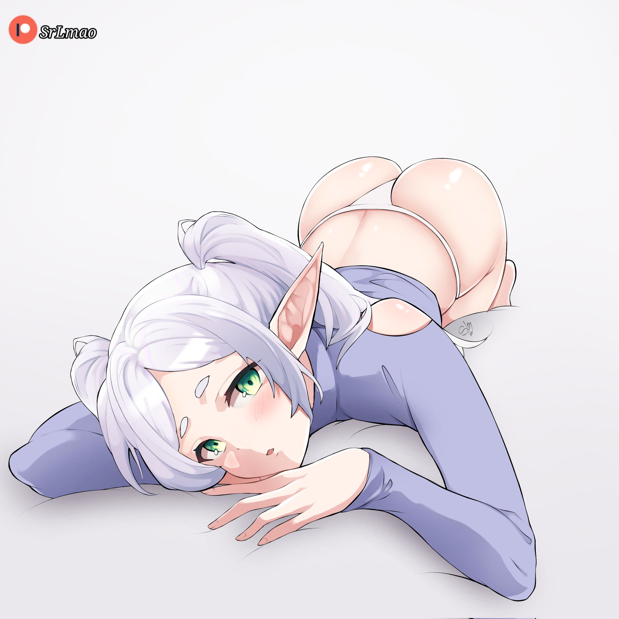 1girls, ass, ass up, big ass, blush, bottomwear, clothing, elf ears, female, female only, frieren, green eyes, hair, looking at viewer, panties, pointy ears, solo, solo female, sousou no frieren, srlmao, topwear, twintails, white hair, white panties