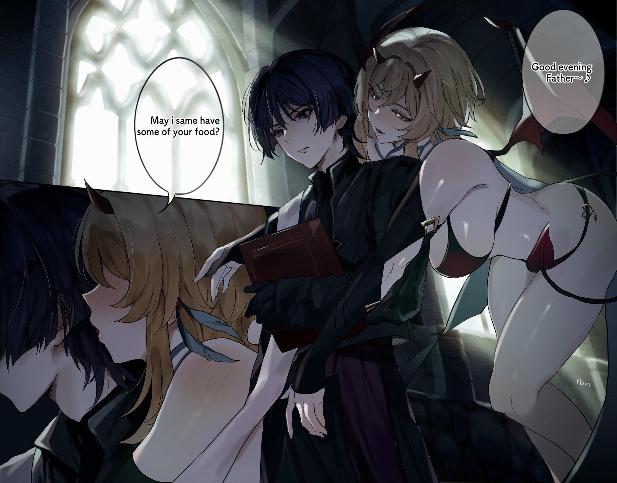 1boy, 1girls, background, bikini, blue hair, book, clothed male, color, colored, demon, demon girl, demon horns, demon tail, english, english text, female, genshin impact, hoyoverse, light skin, light-skinned female, lumine (genshin impact), male, nan7719318, pale skin, pale-skinned female, purple hair, scaramouche (genshin impact), seduction, seductive, seductive gaze, seductive look, seductive pose, sex, succubus, text, text box, text bubble, yellow hair