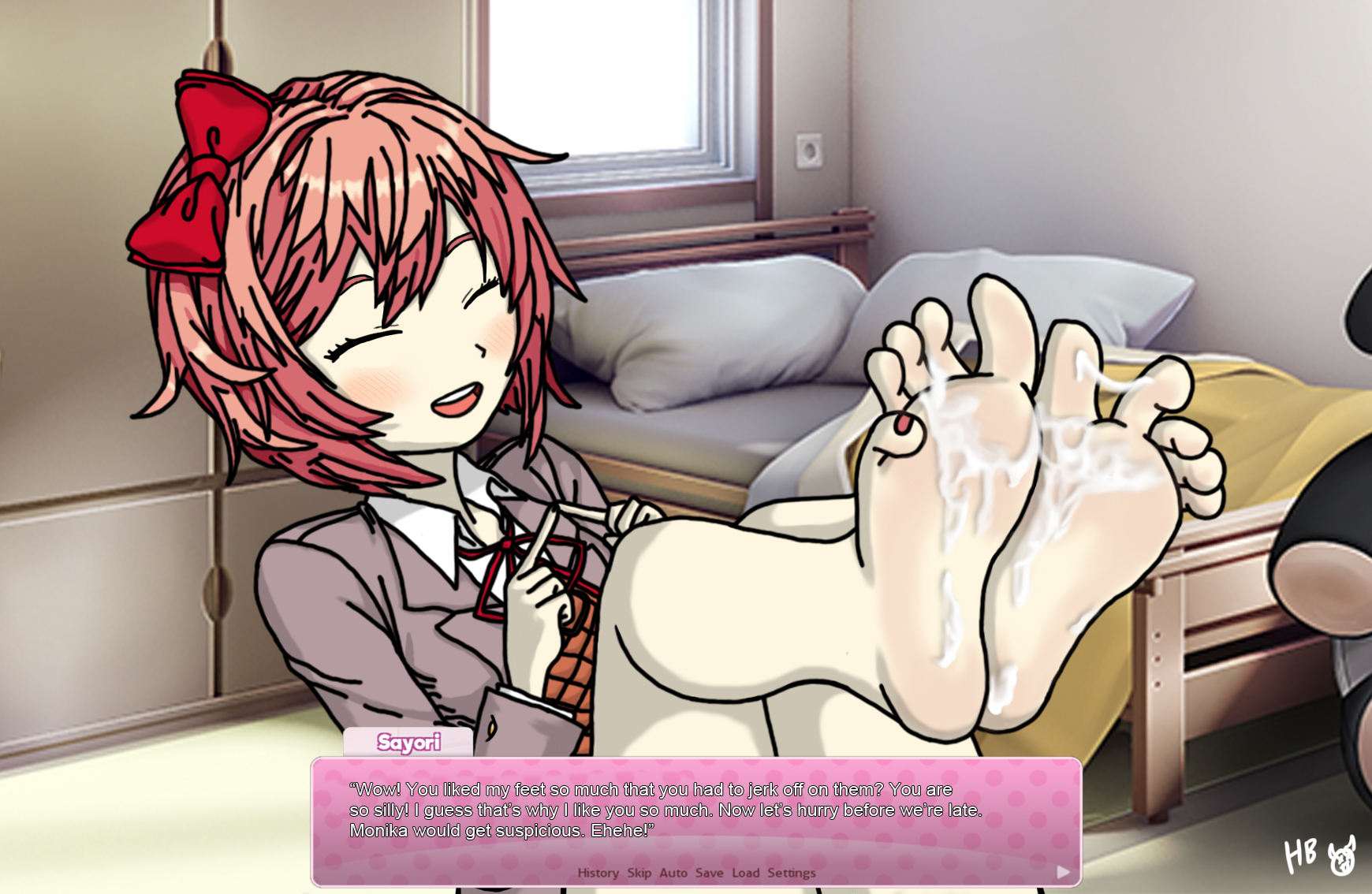 blush, bow, closed eyes, coral pink hair, cum, cum on feet, cum on soles, dialogue, doki doki literature club, female, foot fetish, foot focus, howdyboy (artist), nail polish, red nails, sayori (doki doki literature club), toenail polish, toenails