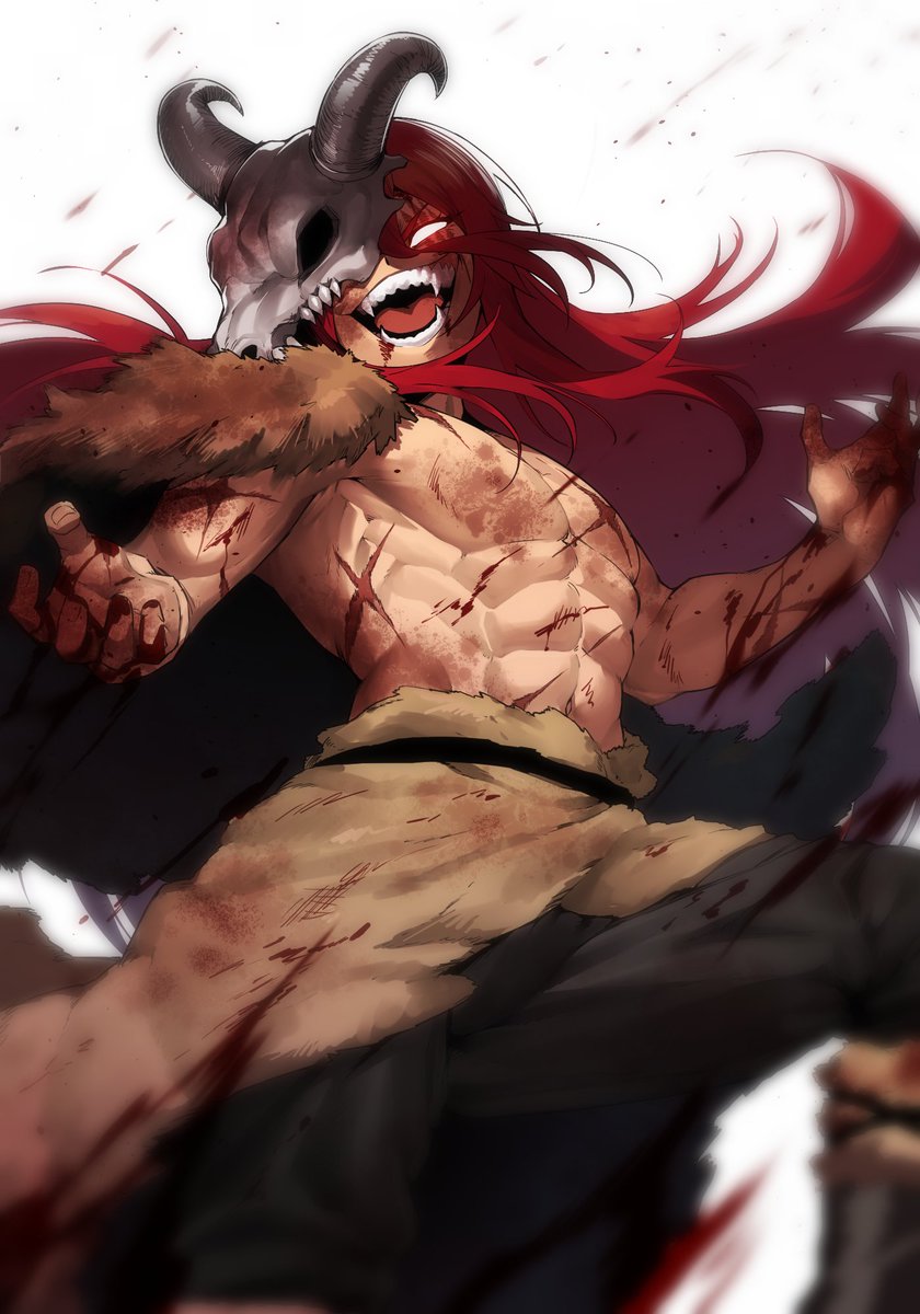 abs ain(in) ambush_(trap) barbarian blood femboy goes_hard in_(ain) laughing long_hair mask pelt red_eyes red_hair scar sharp_teeth skull skull_mask