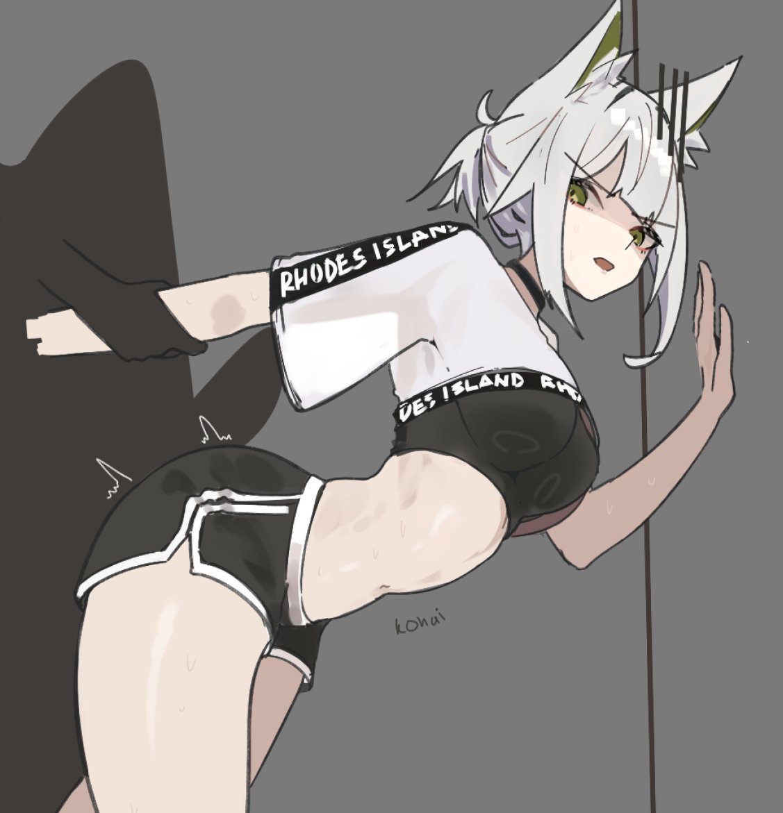 1boy 1boy1girl 1girls animal_ear_fluff animal_ears arknights arm_held_back arm_support ass assjob athletic athletic_female belly belly_button bent_over big_ass big_butt butt buttjob cat_ears cat_girl cock_between_ass curvaceous curvy dolphin_shorts fluffy fluffy_ears green_eyes gym_clothes gym_shorts gym_uniform hands_behind_back kal'tsit_(arknights) looking_at_partner looking_back midriff navel nuggetkouhai penis_between_ass seductive seductive_look seductive_pose serious short_hair short_shorts shorts stomach tagme tied_hair tight_topwear voluptuous waist wasp_waist white_hair