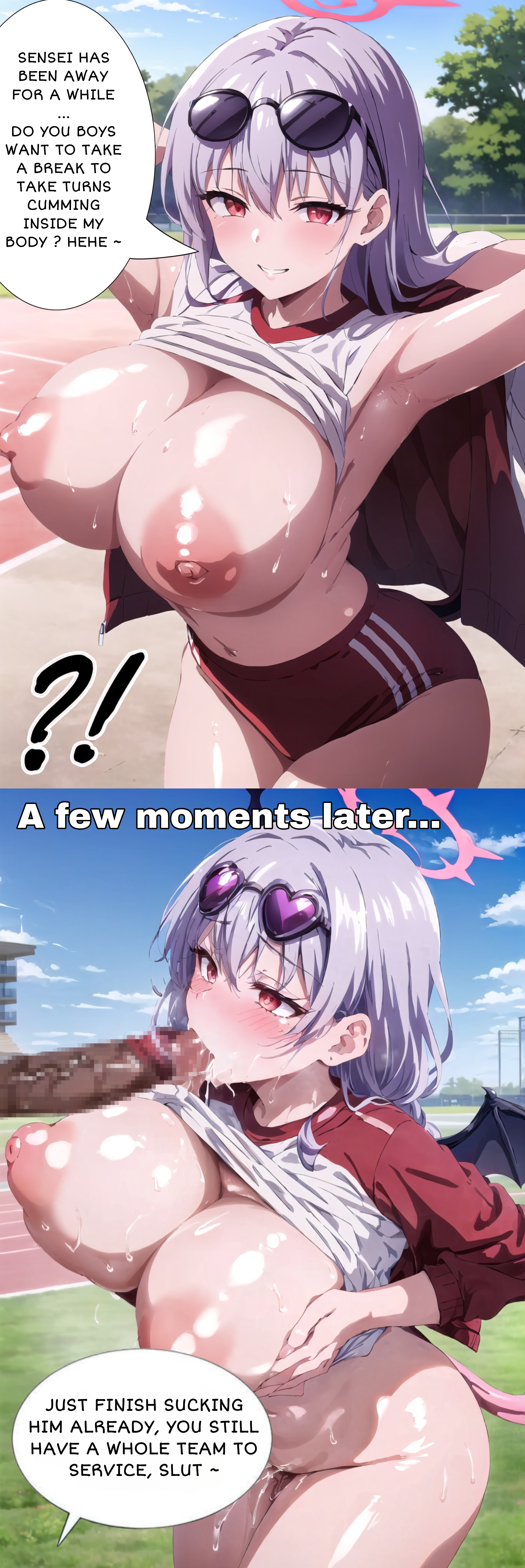 2koma, ai generated, armpits, artist request, before and after, before sex, big breasts, blowjob, blue archive, breasts, breasts out, cheating, cuck, cuckold, cum, cum in mouth, cum in pussy, cum leaking, cum on body, dark skin, dark-skinned male, edit, english, english text, female, gehenna academy student, gourmet research society (blue archive), gym, gym uniform, haruna (blue archive), haruna (gym uniform) (blue archive), highres, instant loss 2koma, inviting, inviting to sex, large breasts, light skin, light-skinned female, male, multiple boys, multiple males, netorare, ntr, open mouth, oral, oral sex, penis, penis in mouth, penis lick, penis out, pose, pussy, red eyes, schoolgirl, sex, standing, standing sex, student, sunglasses, sunglasses on head, sweat, sweatdrop, sweating, tagme, tagme (artist), taking turns, teenage female, teenager, text, text box, text bubble, third-party edit, waiting, waiting for turn, white hair, younger female