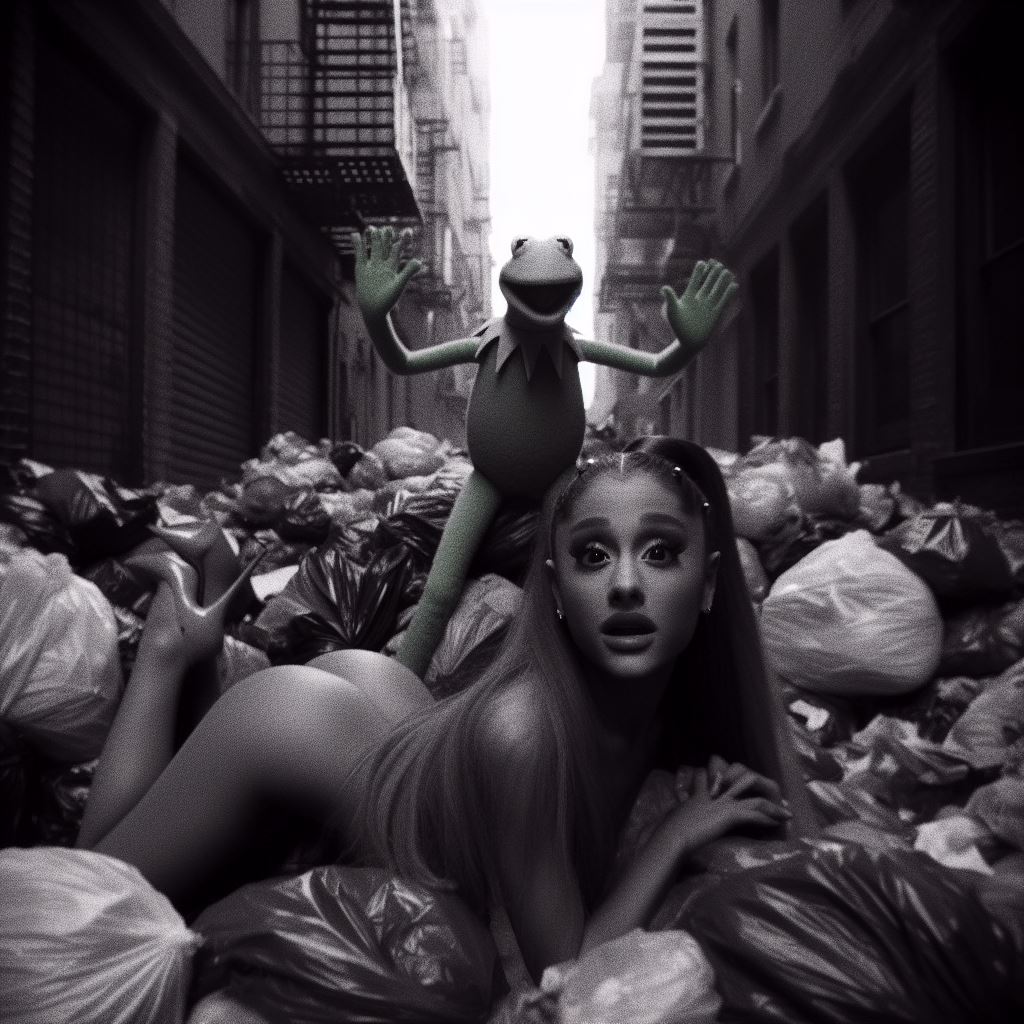 1girls ai_generated alley ariana_grande ass black_and_white caught caught_in_the_act celebrity dall-e3 garbage garbage_bags hands_up kermit_the_frog laying_down laying_on_stomach looking_at_viewer muppets real_person sesame_street shocked shocked_expression shocked_eyes tagme the_muppet_show trash trash_bag