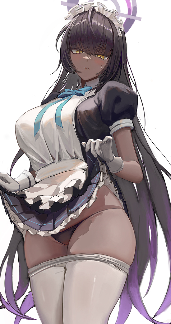 1girls, apron, ass, black dress, black hair, black panties, blue archive, blush, breasts, cleaning & clearing (blue archive), clothes lift, clothes pull, dark skin, dark-skinned female, dress, dress lift, female, female only, frilled apron, frilled dress, frills, gloves, hair between eyes, halo, karin (blue archive), large breasts, lifted by self, long hair, looking at viewer, maid, maid headdress, millennium science school student, naad, open mouth, panties, pantyhose, pantyhose pull, puffy short sleeves, puffy sleeves, purple halo, short sleeves, simple background, solo, underwear, white apron, white background, white gloves, white pantyhose, yellow eyes