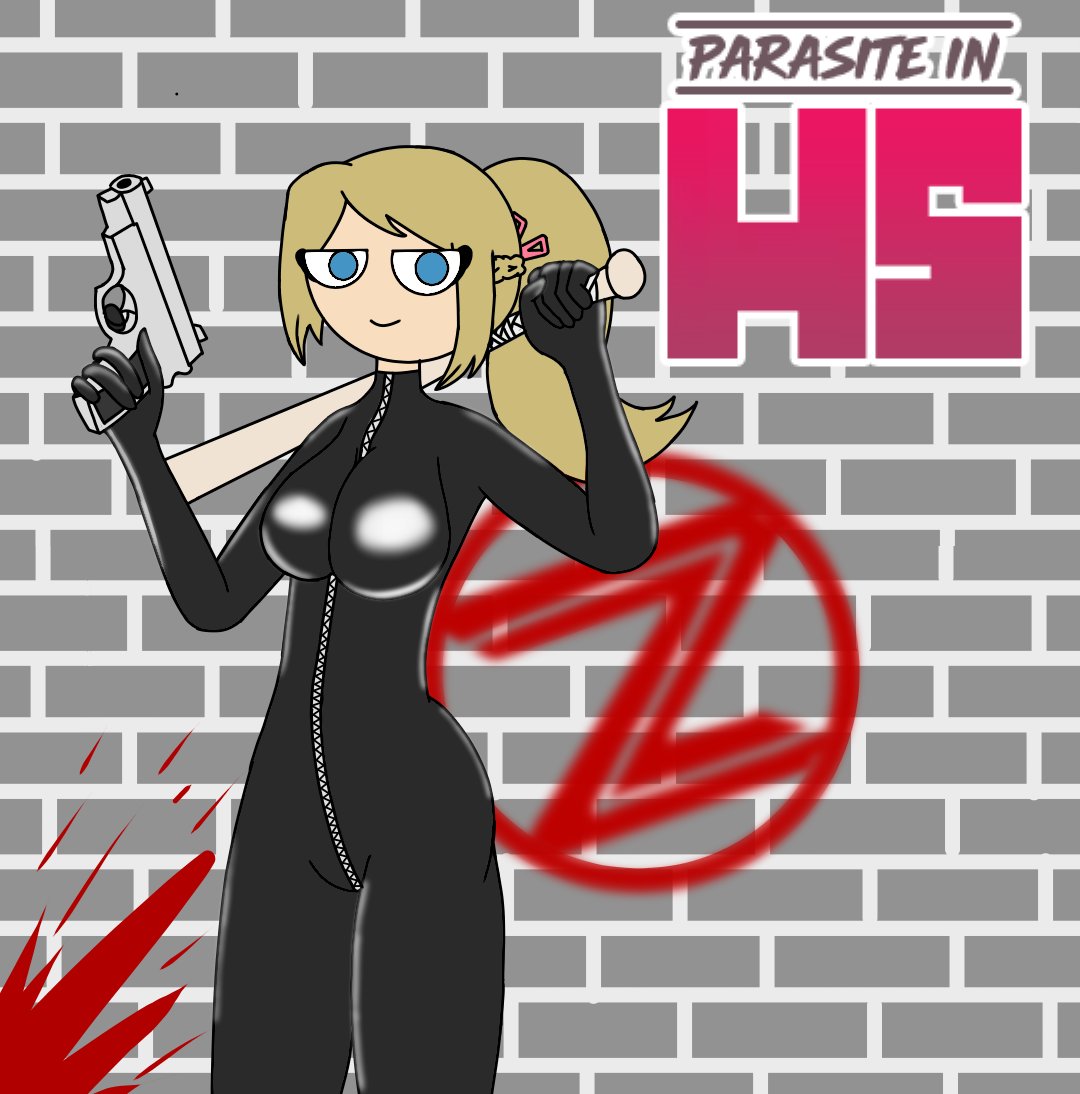 1girls alternate_version_available artist_request baseball_bat blonde_hair blood fhs fhsz3r0 fnafhs fnafhs_z3ro fnafhsrule34 gun joy_(fnafhs) latex latex_bodysuit latex_suit long_hair ponytail solo_female standing tagme weapon weapon_over_shoulder