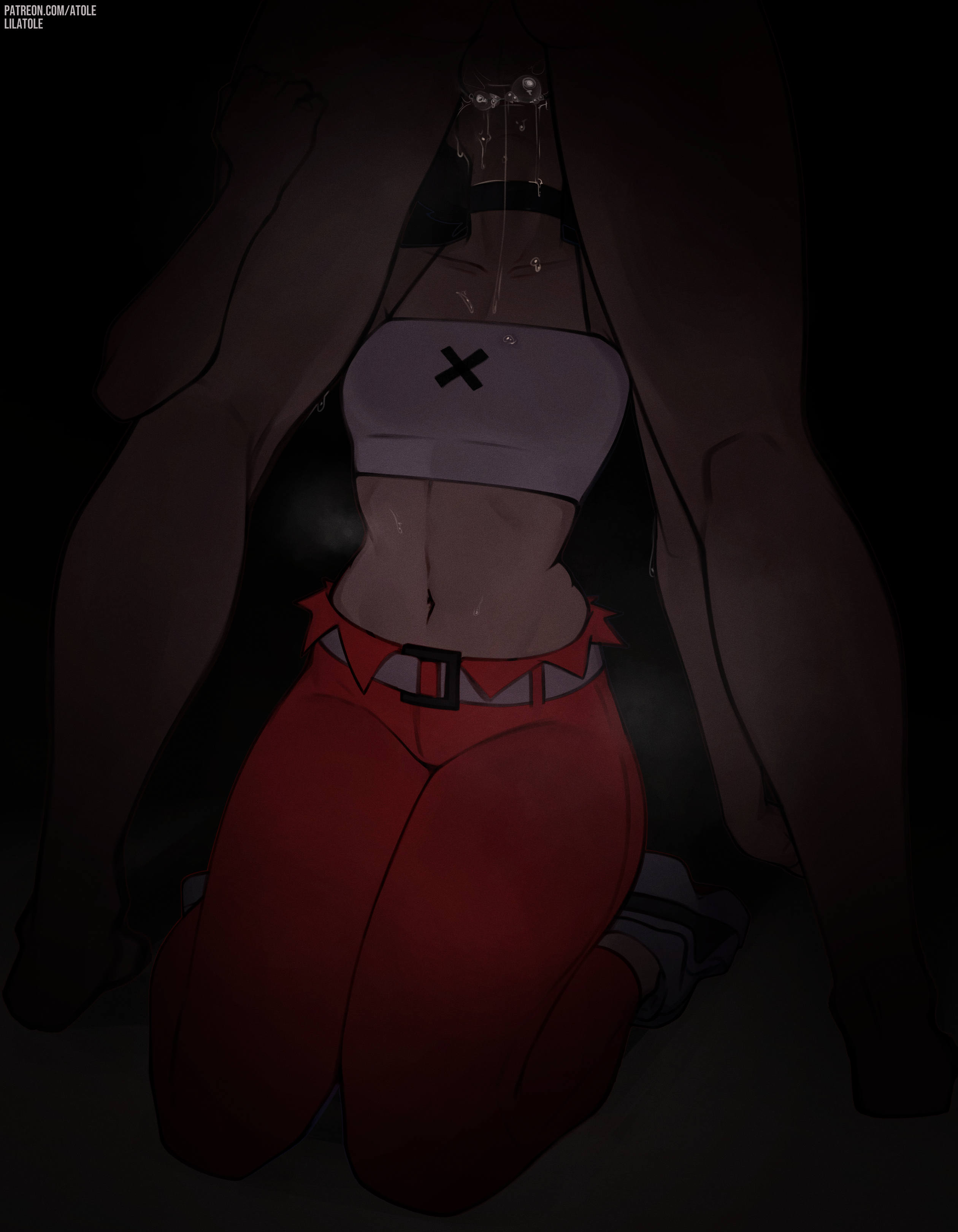 1boy, 1girls, belly, belt, belt buckle, black background, black hair, bottomless, bottomless male, choker, crop top, cum, cum drip, cum in mouth, cum inside, cum leaking, deepthroat, dim lighting, drool, drooling, ejaculation, evie (fortnite), fellatio, female, female focus, fit, fit female, fortnite, grabbing, grabbing legs, kneeling, legs together, lilatole, male, male/female, nude, nude male, on knees, oral, oral sex, orgasm, patreon, patreon username, red pants, revealing clothes, saliva, shoes, shoulders, spaghetti strap, spread legs, spreading, standing, steam, steaming body, straight, sweat, sweatdrop, thick, thick hips, thick thighs, throat bulge, throat fuck, toned, toned female
