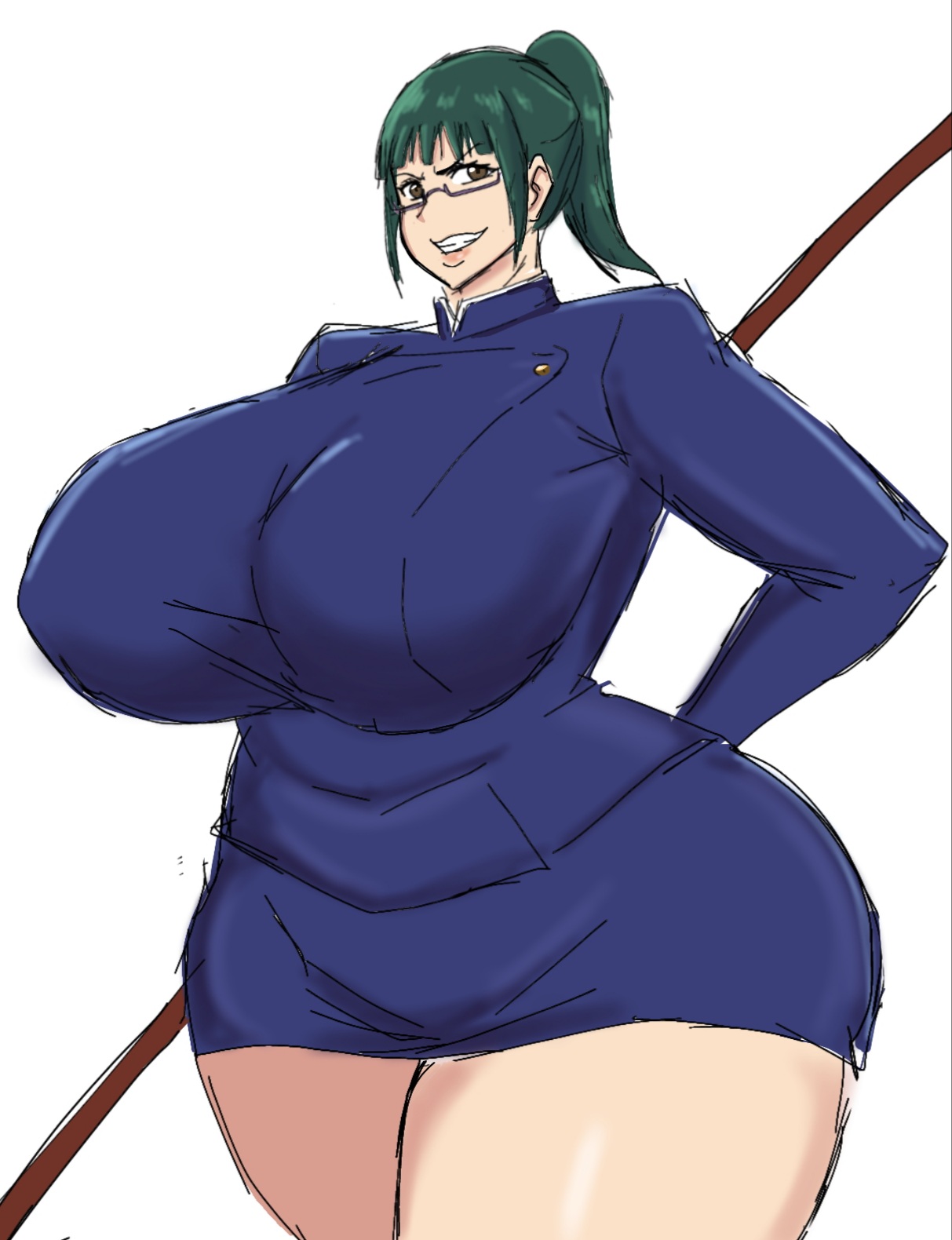 1girls, ass, big ass, big breasts, breasts, brown eyes, erect nipples, erect nipples under clothes, female, female only, glasses, green hair, huge ass, huge breasts, jujutsu kaisen, large breasts, light skin, light-skinned female, looking at viewer, momiji (artist), nipples, ponytail, school uniform, short hair, simple background, skirt, smiling, smiling at viewer, solo female, thick ass, thick thighs, thighs, tight clothes, tight clothing, weapon, white background, zenin maki