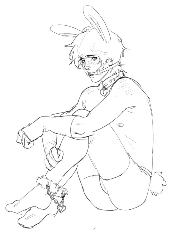 1boy 1male blush bunny bunny_ears bunny_tail choker collar collar_tag fluffy furry_handcuffs gag gagged handcuffs_on_ankles heart_lock heart_locket male male_only miroyuuu mostly_nude nipple original original_character shorts sketch socks solo