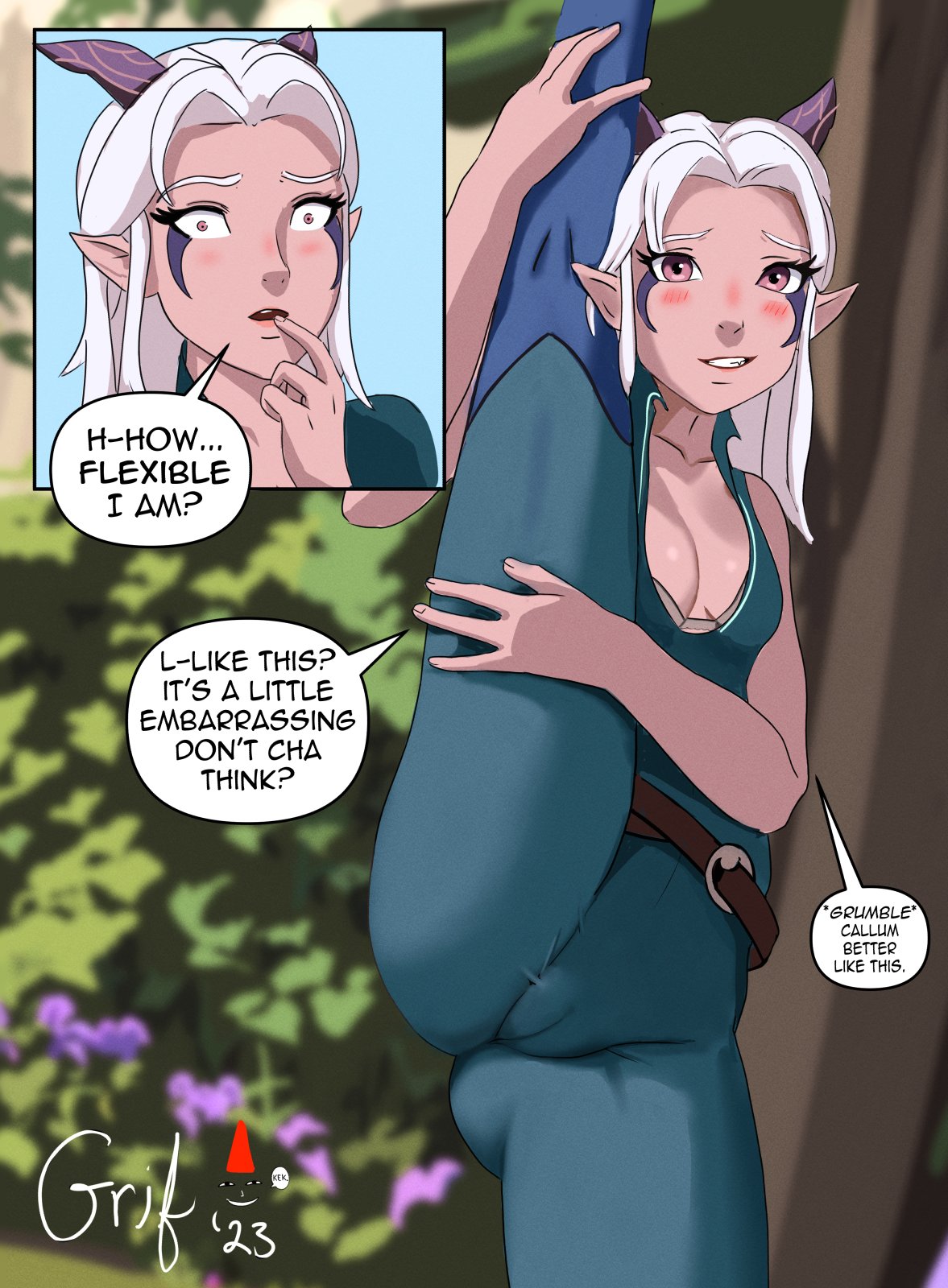 1female 1girls cameltoe female female_focus grifar highres leg_lift looking_at_viewer rayla_(the_dragon_prince) smile solo solo_focus spread_legs stripping_game talking_to_viewer text the_dragon_prince