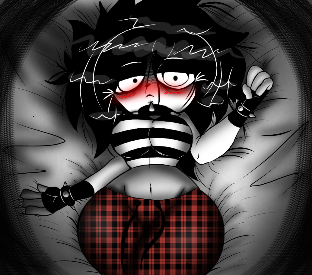 1girls black_hair blush breasts clothed_breasts fingerless_gloves giygal gloves i_can't_sleep laying_on_bed looking_tired nia_(i_can't_sleep) pale_skin plaid_clothing solo spiked_bracelet spiked_collar staring_at_viewer tired_look