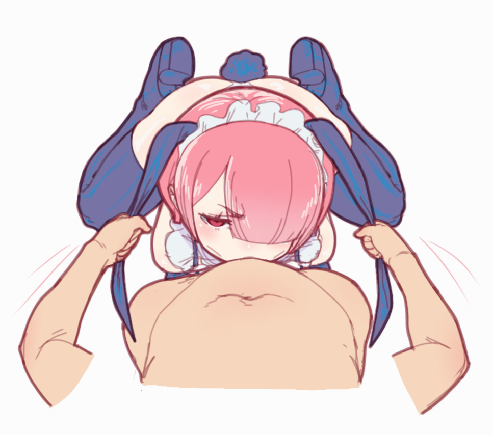 angry angry_fellatio bunny_ears bunnysuit deepthroat fday fellatio maid maid_headdress natsuki_subaru one_eye_covered pink_hair pulling pulling_ears ram_(re:zero) re:zero_kara_hajimeru_isekai_seikatsu red_eyes sucking sucking_penis