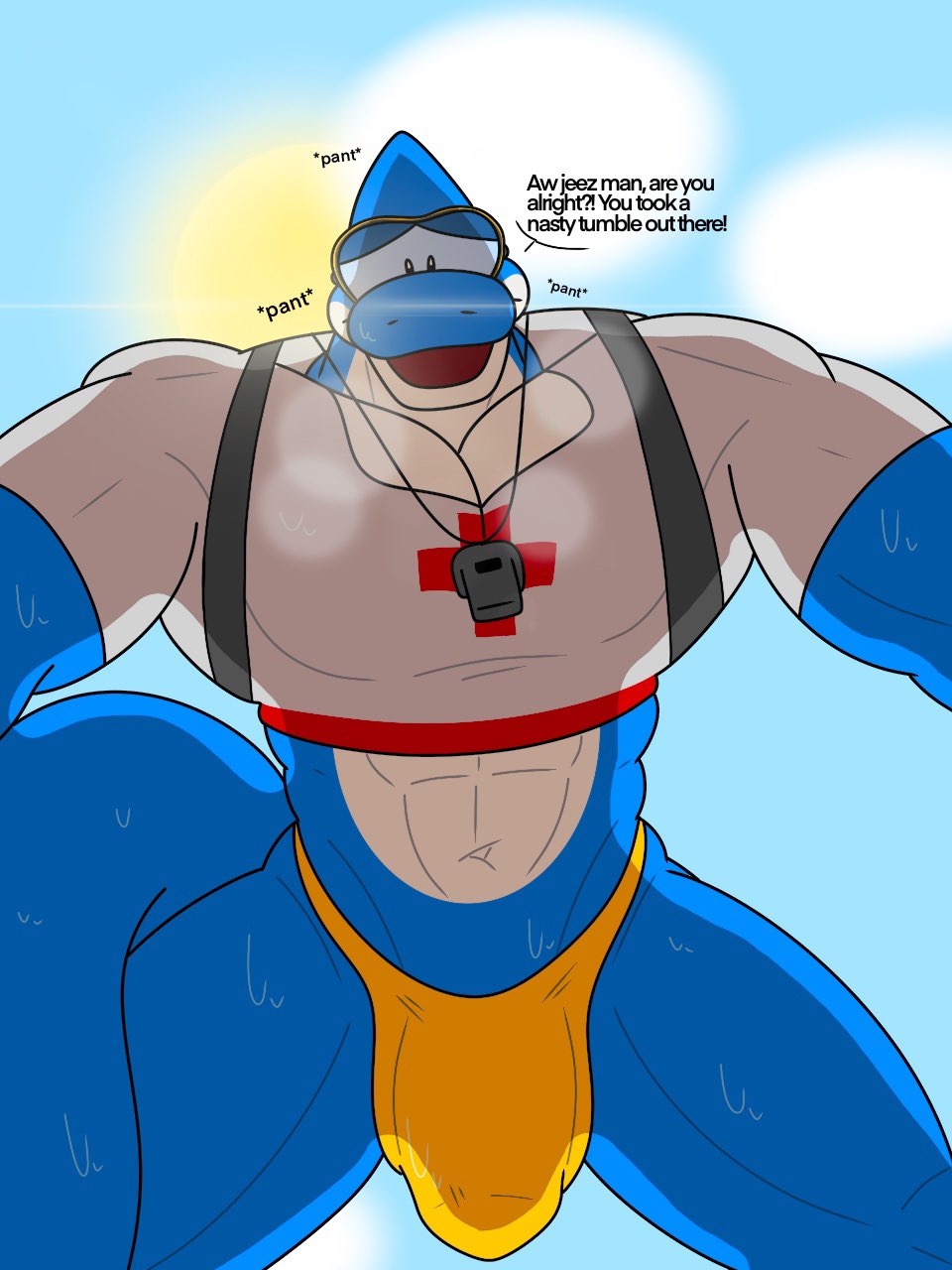 2023 abs anthro arms_out bara blue_body blue_skin bodily_fluids breath bulge clothed clothing cloud crop_top dialogue dolphin_(mario) english_text exclamation_point first_person_view front_view gay genital_outline glasses hi_res kelsdungeon lifeguard lifeguard_swimsuit looking_at_viewer male mario_(series) midriff multicolored_body multicolored_skin muscular muscular_anthro muscular_male navel open_mouth panting penis_outline question_mark shirt skimpy skimpy_bottomwear solo solo_male super_mario_world sweat tail tankini text tight_clothing topwear tuck_(kelsdungeon) two_tone_body two_tone_skin underwear whistle whistle_(object) whistle_around_neck white_body white_skin worried worry yellow_clothing yellow_underwear