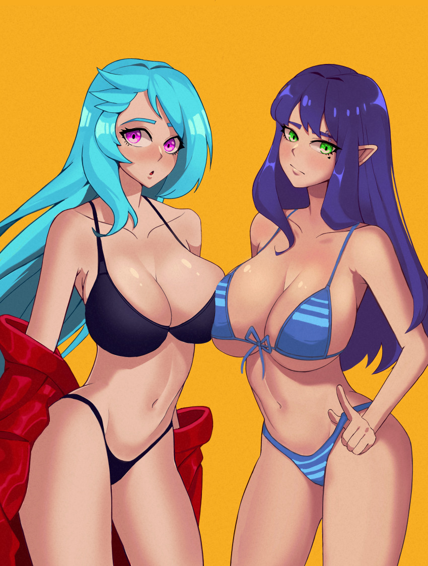 2girls akeno_(itsnafulol) bikini black_bikini blue_hair blush breast_press breasts cleavage collarbone curvy green_eyes hair_over_one_eye huge_breasts kamishiroart large_breasts long_hair multiple_girls pink_eyes pointy_ears purple_hair red_jacket striped striped_bikini thick_thighs thighs wide_hips yellow_background