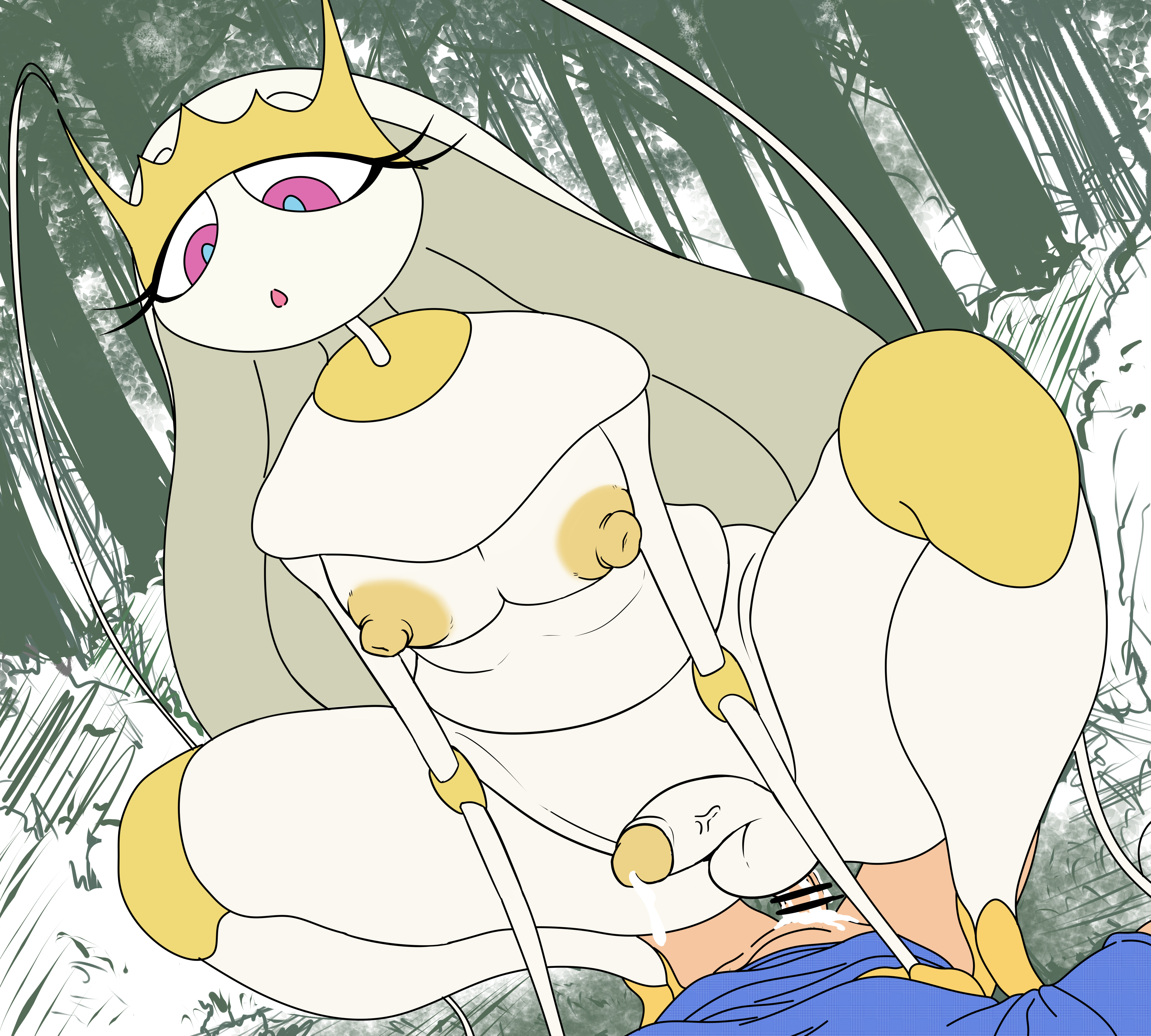 2boys, anal, anal sex, anthro, balls, big pecs, colored, cowgirl position, cum, dripping cum, ejaculation, female, forest, gay, girly, human, human on anthro, interspecies, kenbuntei (artist), male, male human/male pokemon, male penetrating male, male pheromosa, male/male, nintendo, penis, pheromosa, pokémon (species), pokemon, pokemon (species), reverse cowgirl position, sex, size difference, small dom big sub, squatting, testicles, third-party edit, ultra beast