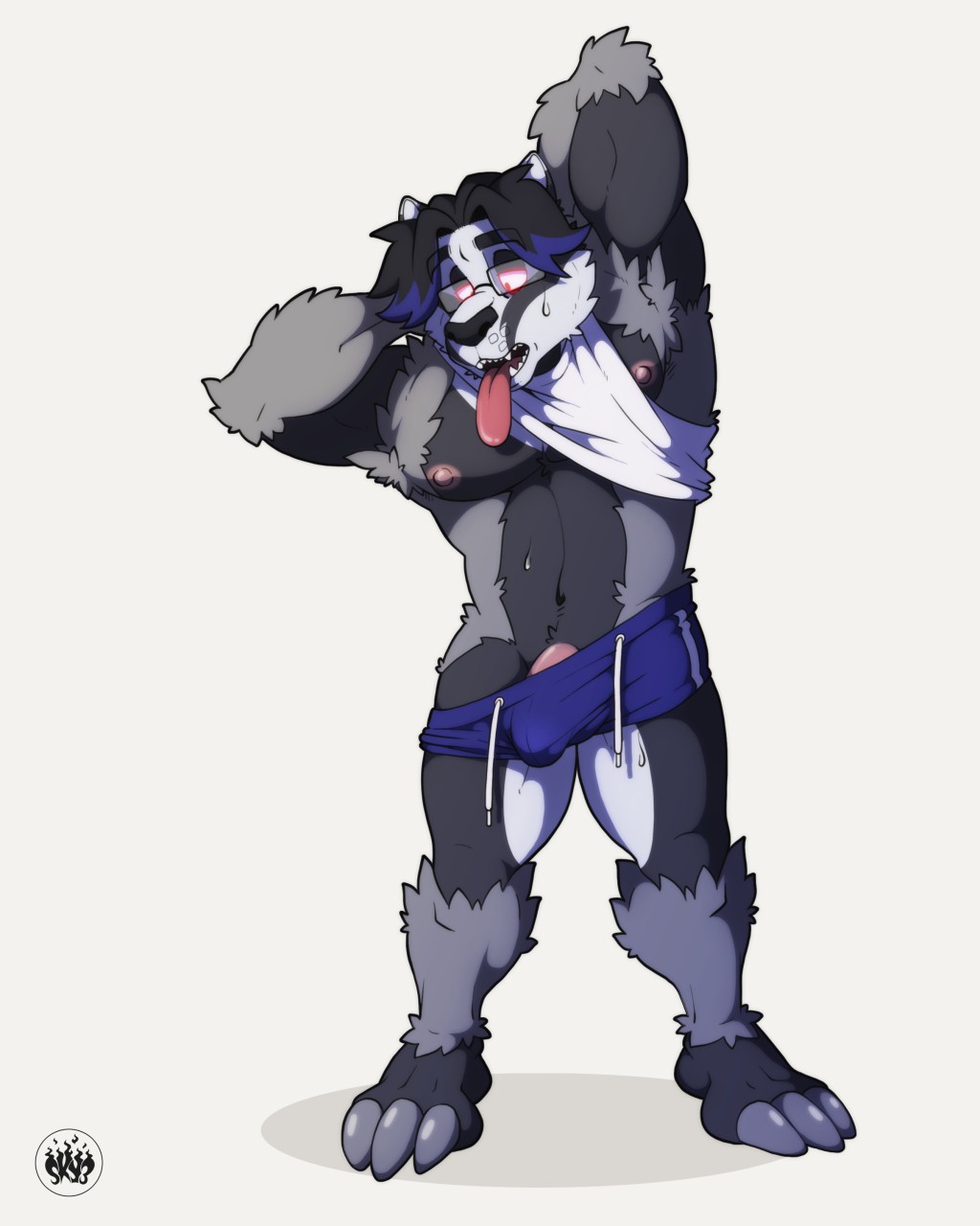 2020 4:5 anthro armpit_tuft artist_name bodily_fluids bottomwear claws clothed clothing eyewear fur generation_8_pokemon genitals glasses glowing glowing_eyes grey_body grey_fur gym_bottomwear gym_clothing gym_shorts hands_behind_head hi_res male nintendo nipples obstagoon partially_clothed penis pokemon pokemon_(species) red_sclera shirt shorts shorts_down simple_background sky3 solo sweat sweatdrop tank_top tenting tongue tongue_out topwear vadiant white_background