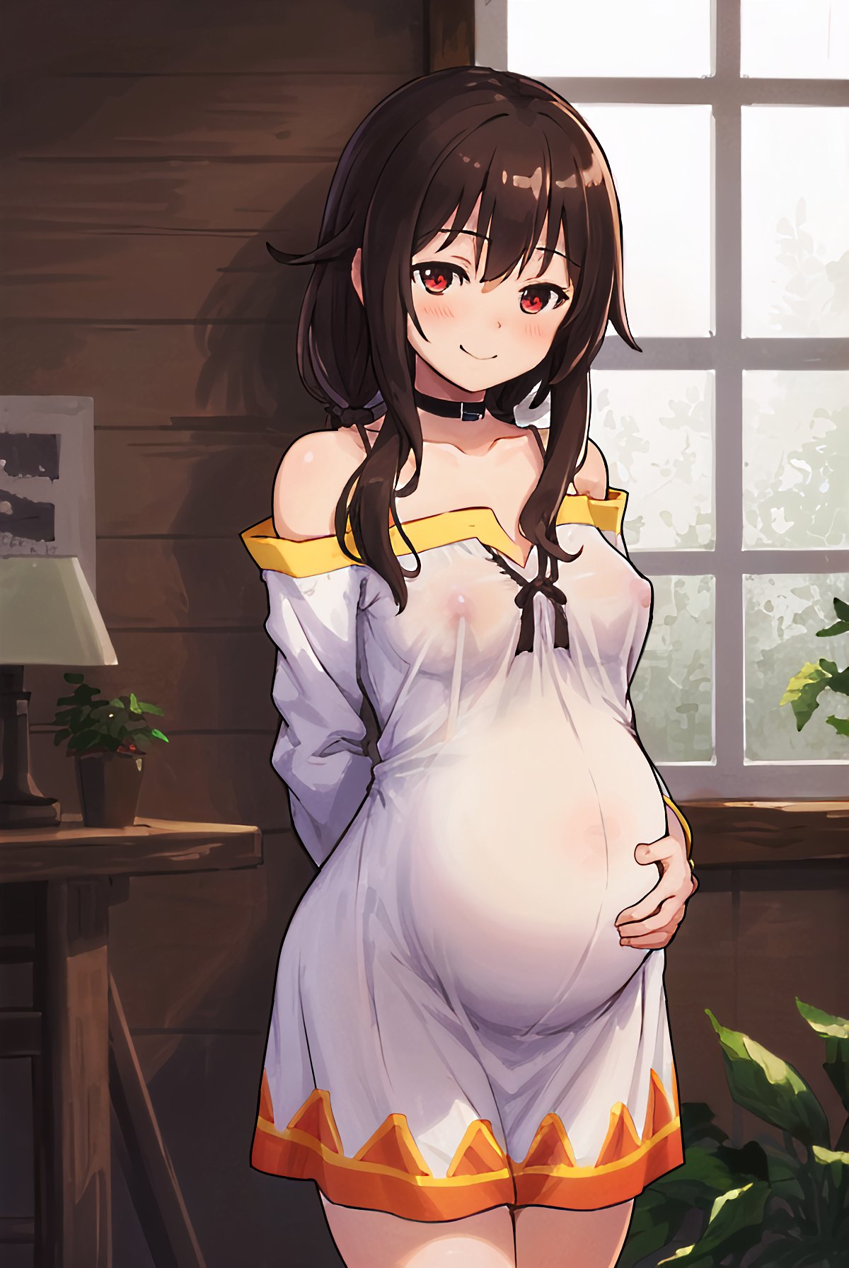 1girls, ai generated, breasts, brown hair, female, kono subarashii sekai ni shukufuku wo!, light skin, light-skinned female, medium breasts, megumin, meguminwrah, nipples, nipples visible through clothing, plant, pregnant, red eyes, see-through, see-through clothing, see-through top, solo