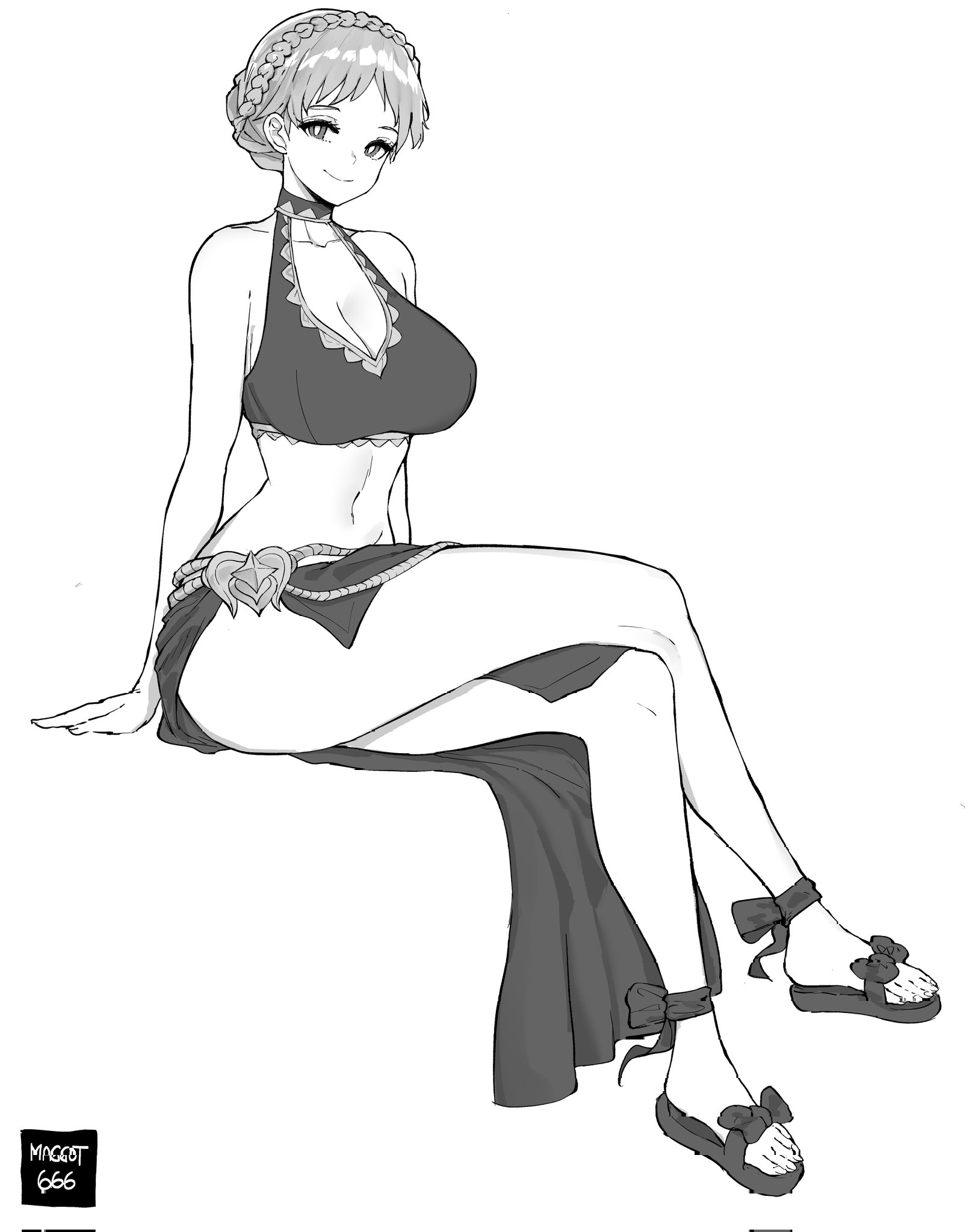 alternate costume, bare legs, bikini, braid, breasts, cleavage, commission, crossed legs, crown braid, female, fire emblem, fire emblem heroes, fire emblem: three houses, greyscale, large breasts, legs, looking at viewer, maggot666, marianne von edmund, marianne von edmund (summer), monochrome, norman maggot, official alternate costume, sandals, sitting, smile, swimsuit