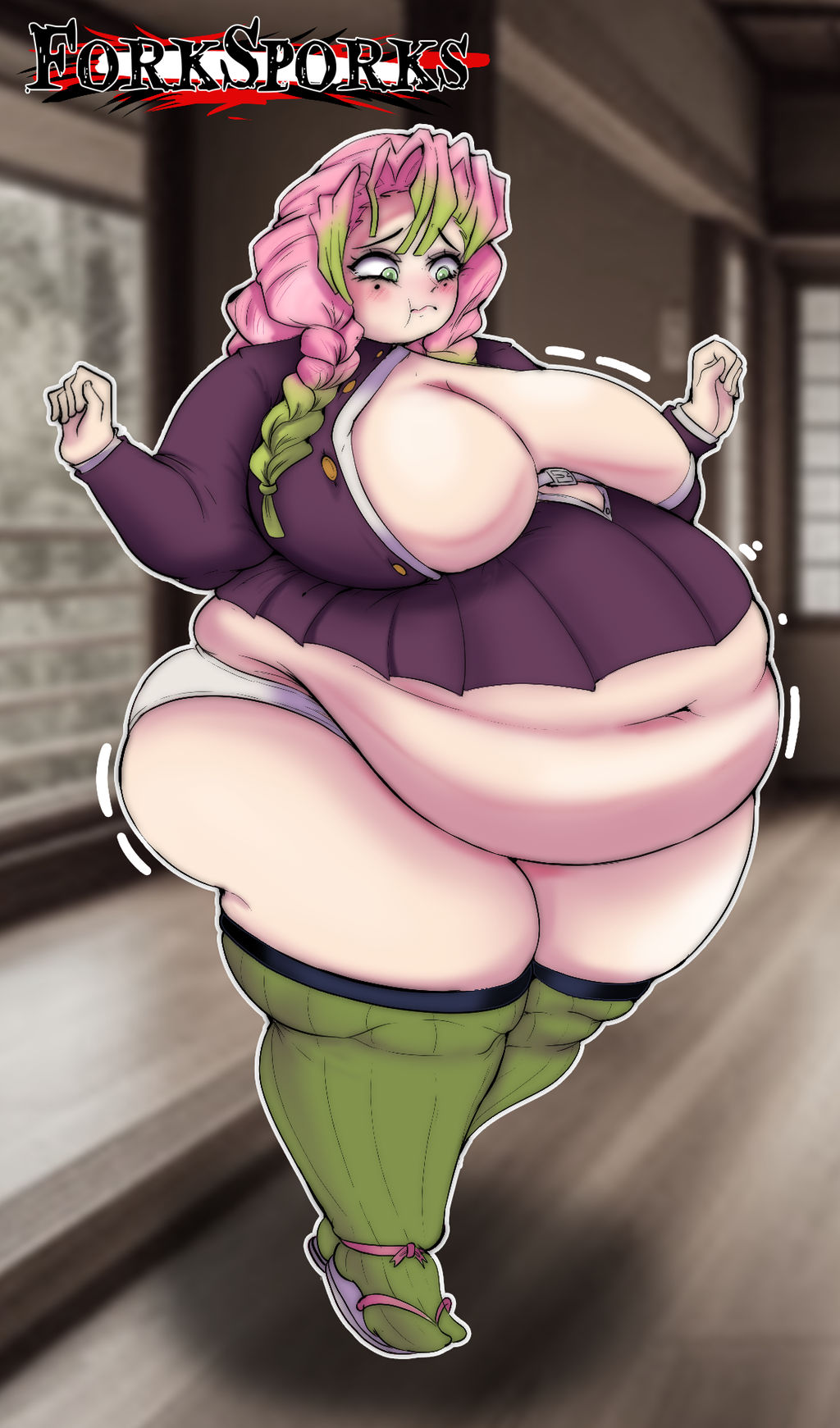 1girls 2023 absurd_res bbw belly belly_overhang breasts demon_slayer fat female female_focus forksporks green_eyes hips huge_belly huge_breasts kanroji_mitsuri kimetsu_no_yaiba looking_down navel obese overweight overweight_female panties plump solo solo_female solo_focus thick_thighs thighs two_tone_hair underwear voluptuous wide_hips