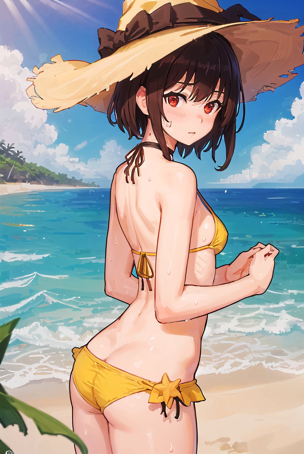 1girls, ai generated, ass, beach, bikini, breasts, brown hair, female, hat, kono subarashii sekai ni shukufuku wo!, light skin, light-skinned female, megumin, meguminwrah, red eyes, small ass, small breasts, solo, yellow bikini, yellow bra, yellow panties