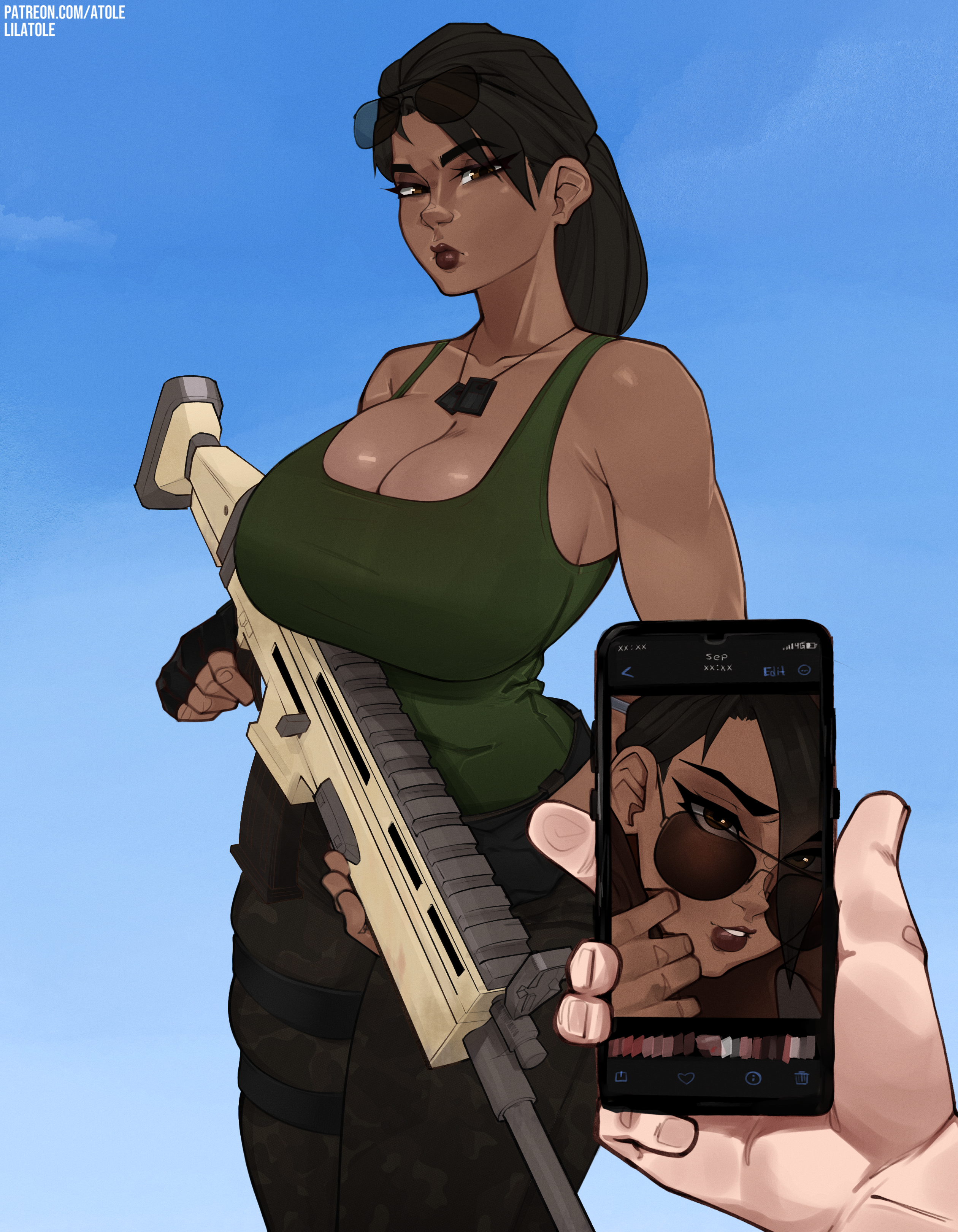 1girls, 2boys, big breasts, black hair, breasts, busty, dark skin, dark-skinned female, dark-skinned male, female, fortnite, glasses, glasses on head, grabbing penis, gun, hazel eyes, holding gun, holding phone, interracial, light skin, light-skinned male, lilatole, looking at viewer, male, male pov, patreon username, penis, phone, phone screen, photo, pov, ramirez, ramirez (fortnite), sunglasses, tank top, thick thighs